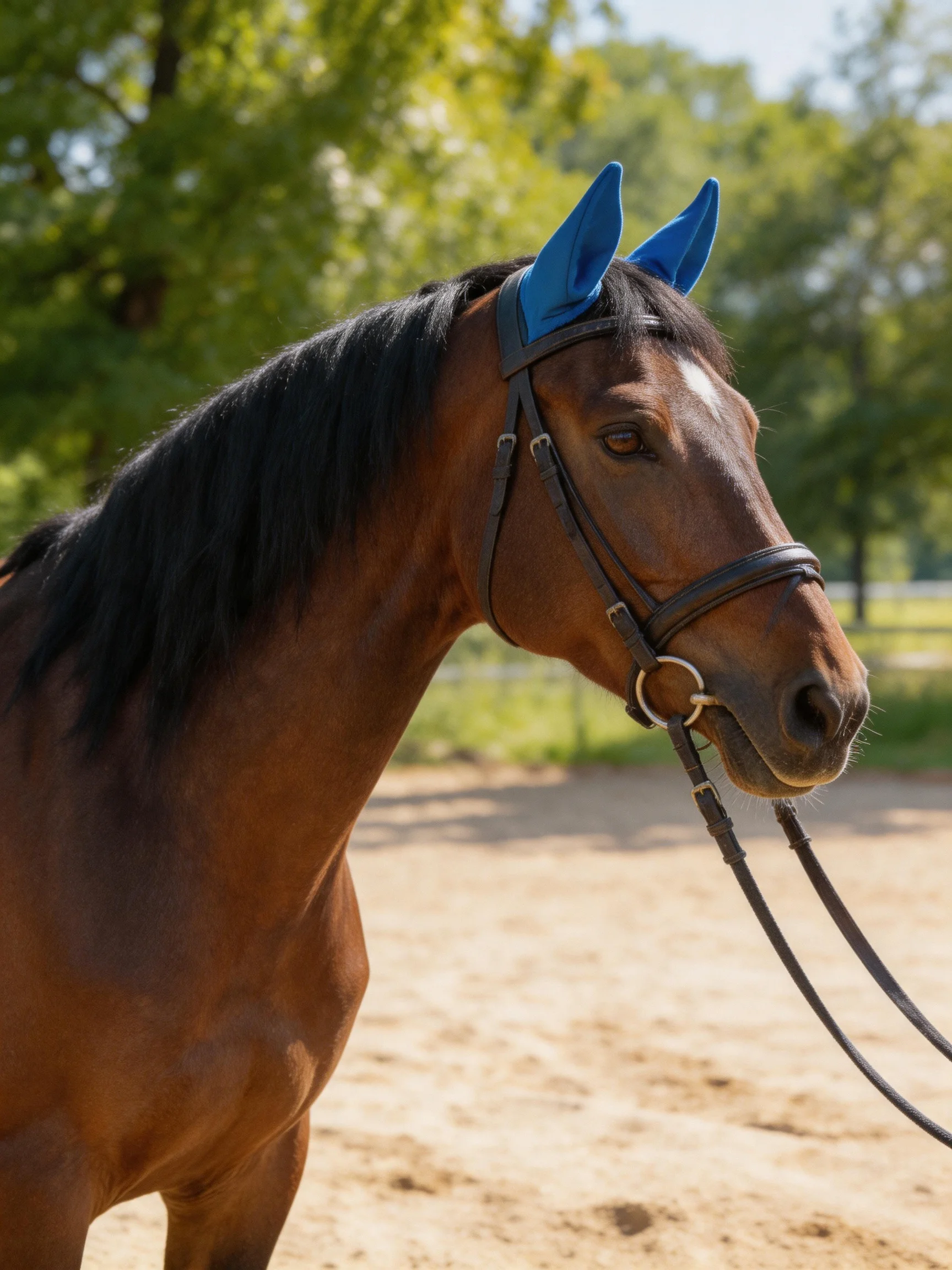 A brown horse with blue ear coverings stands in a sunlit outdoor area.