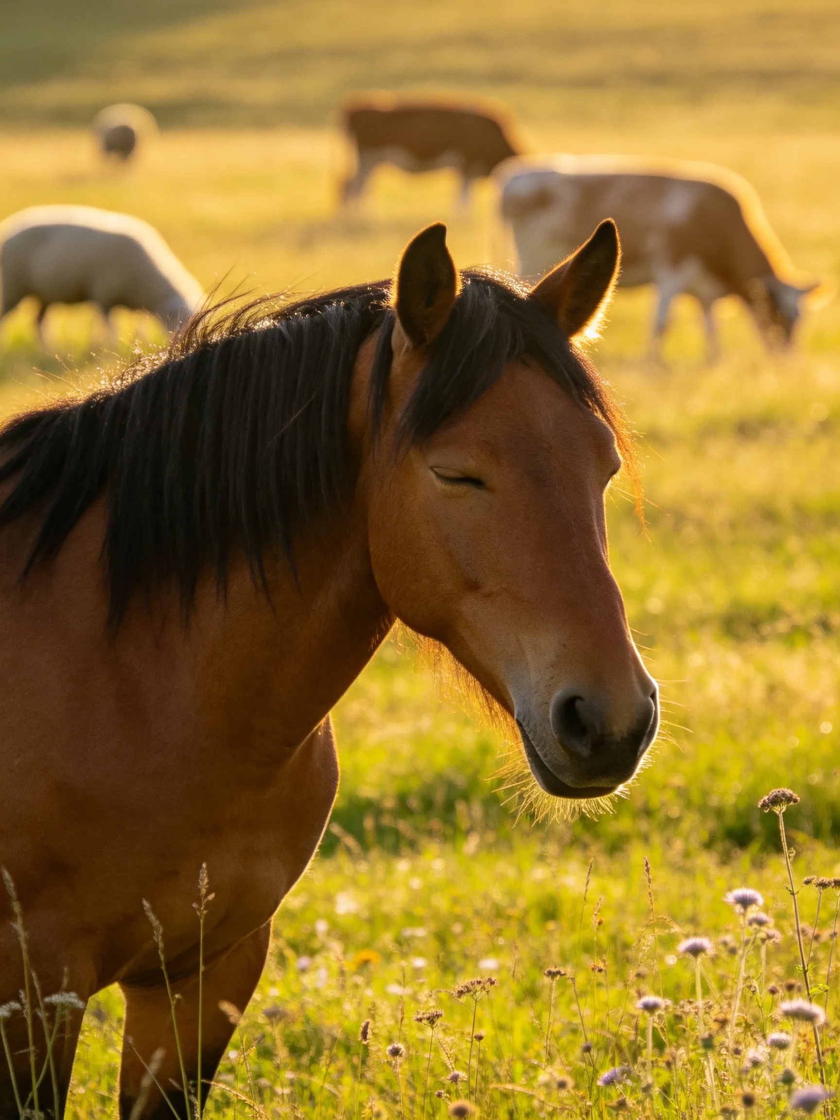 A brown horse with dark mane in a sunlit meadow with grazing livestock