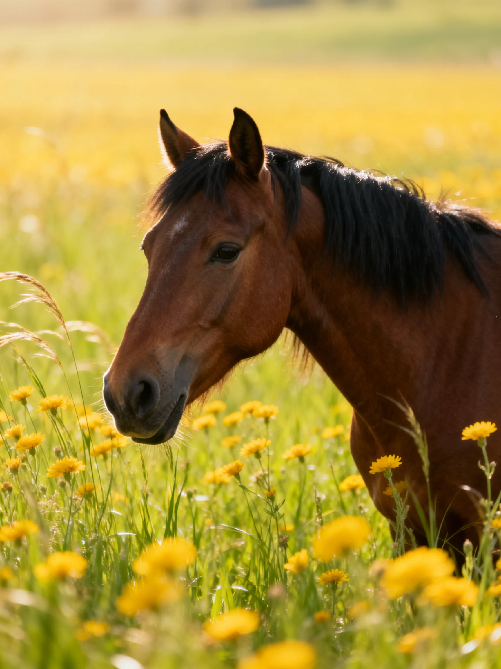 A brown horse with dark mane stands among vibrant yellow wildflowers