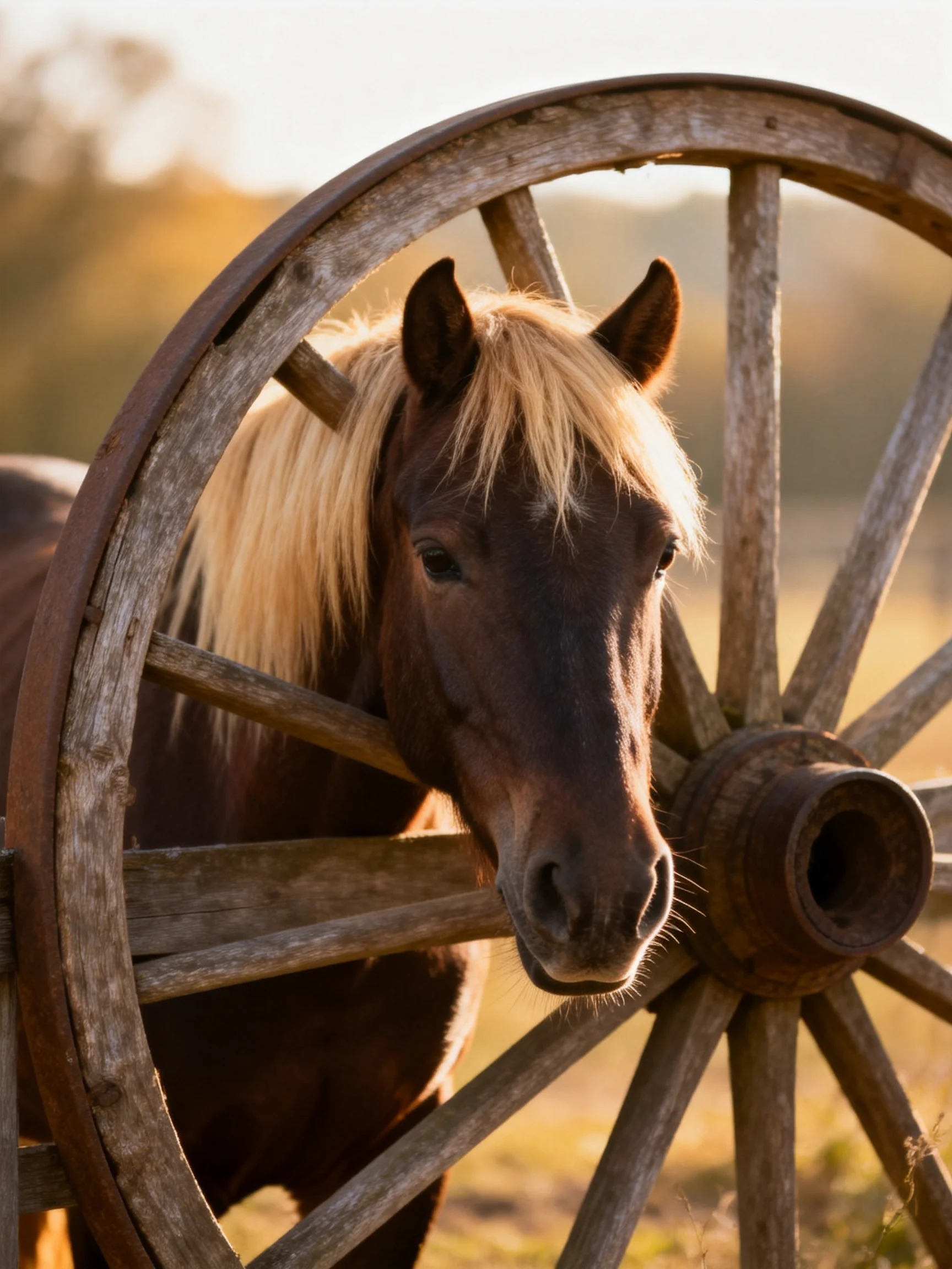 A brown horse with golden mane beside an aged wooden wagon wheel