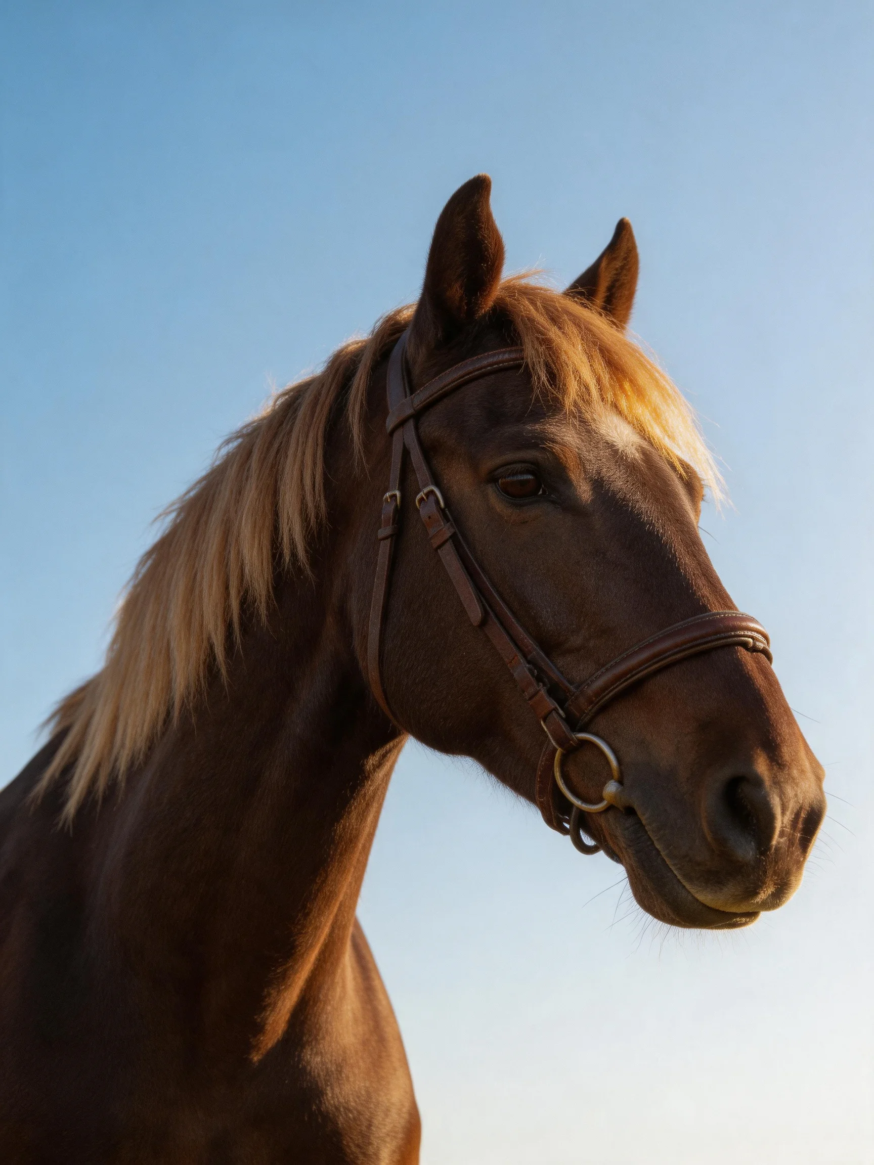 A brown horse with golden mane wears a leather bridle under clear blue sky