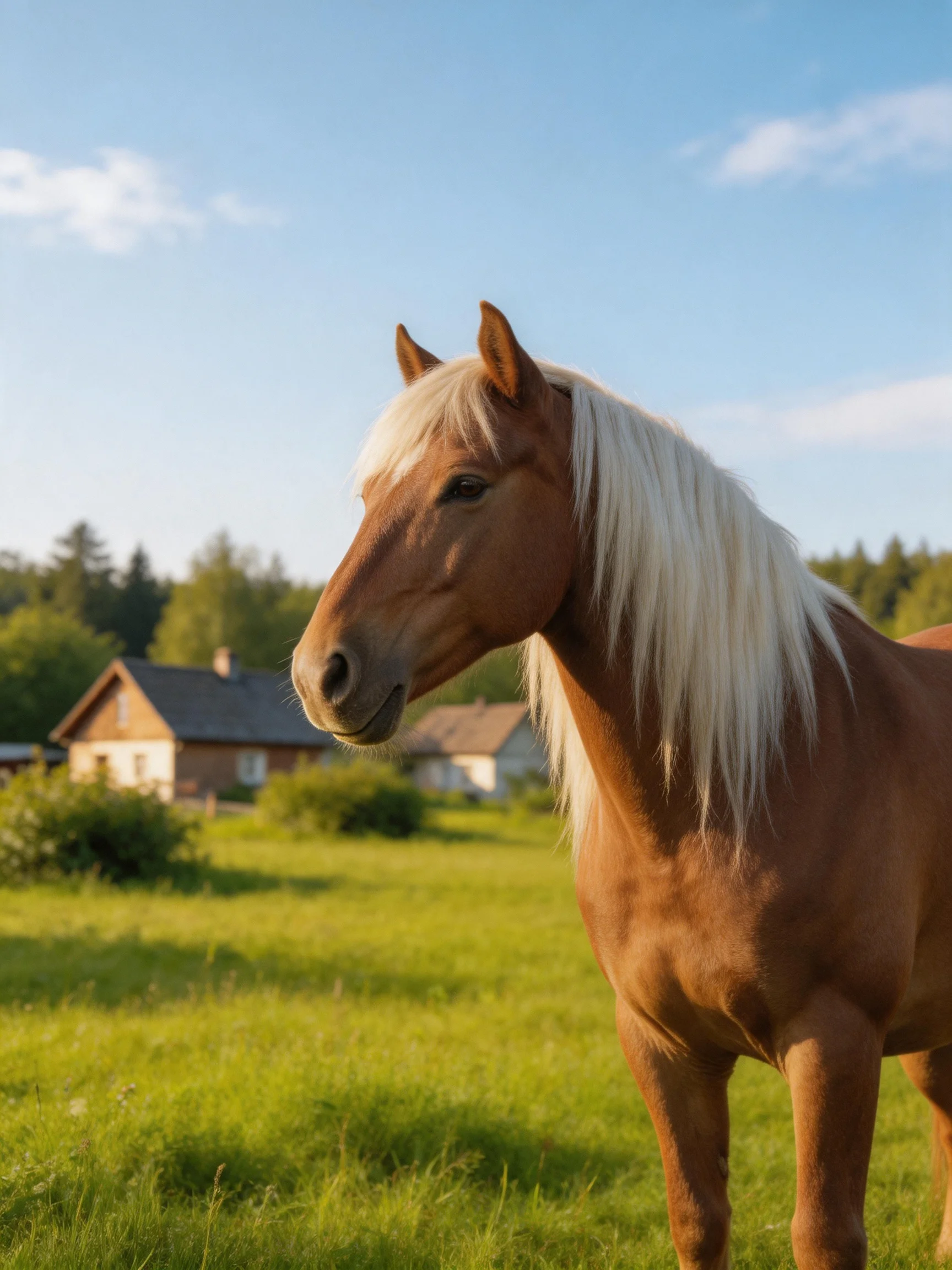 A brown horse with long blonde mane in a lush green field near cottages
