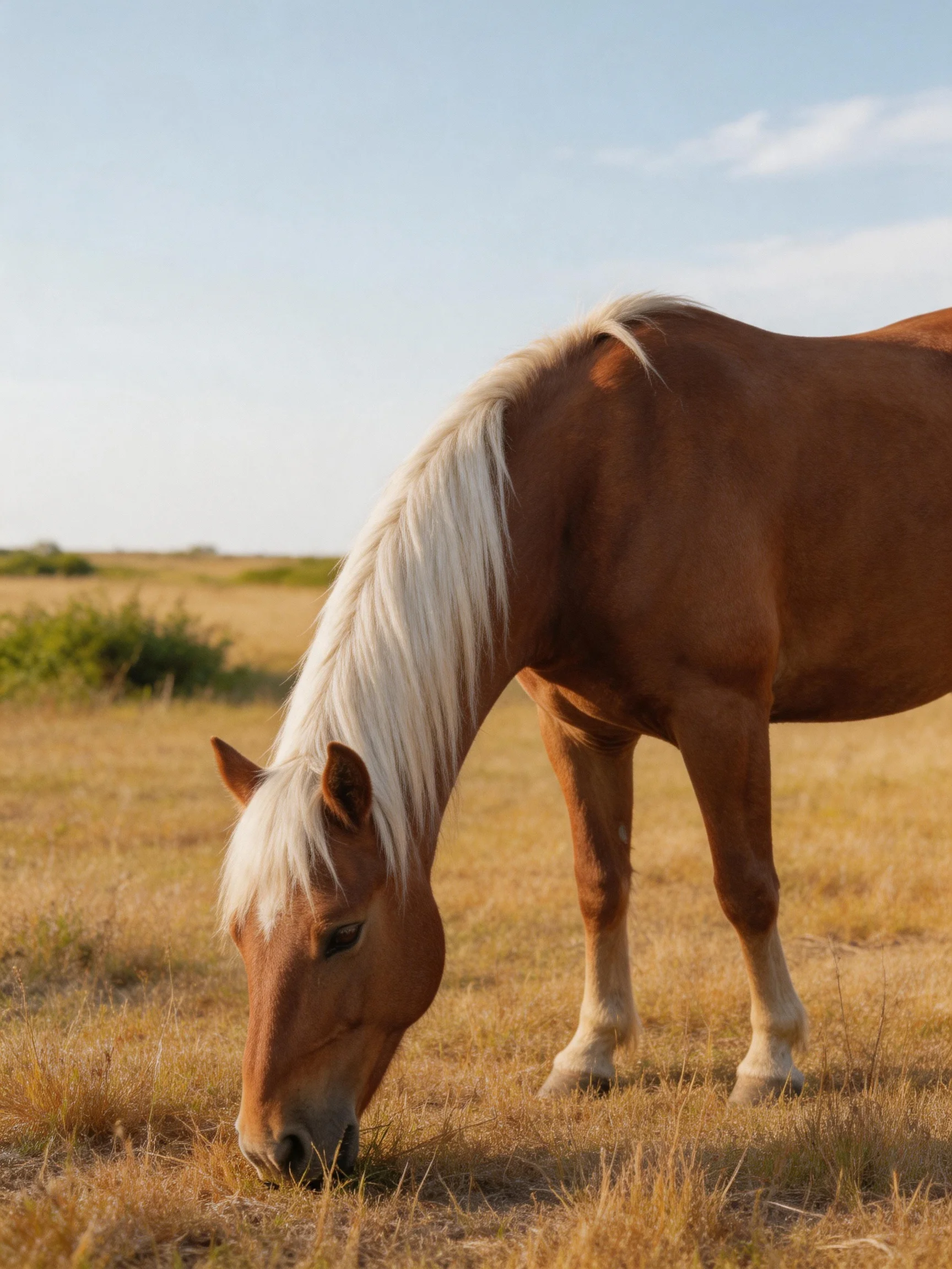 A brown horse with long white mane grazing in a dryopen field