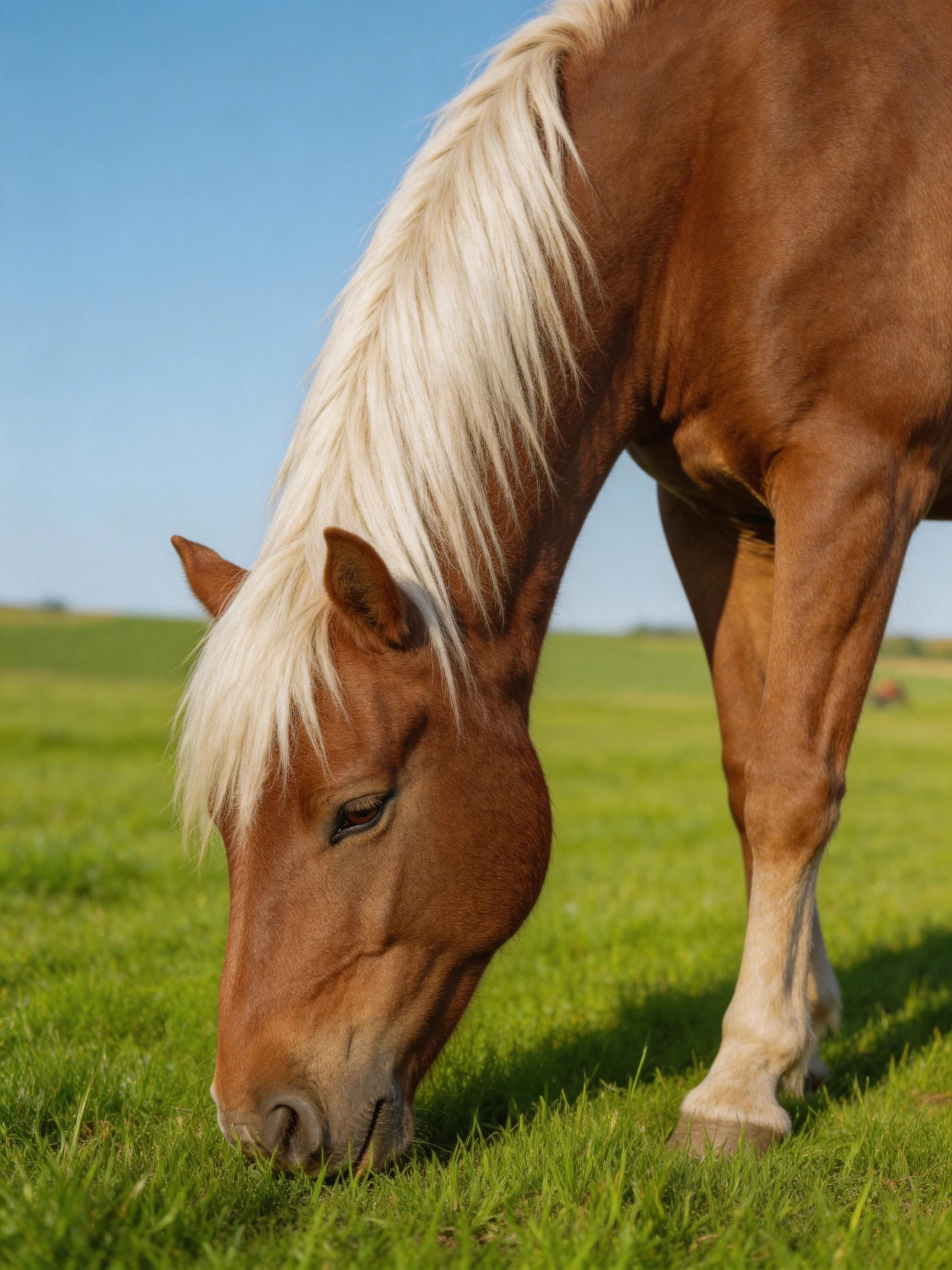 A brown horse calmly grazes in a sunlit green meadow.