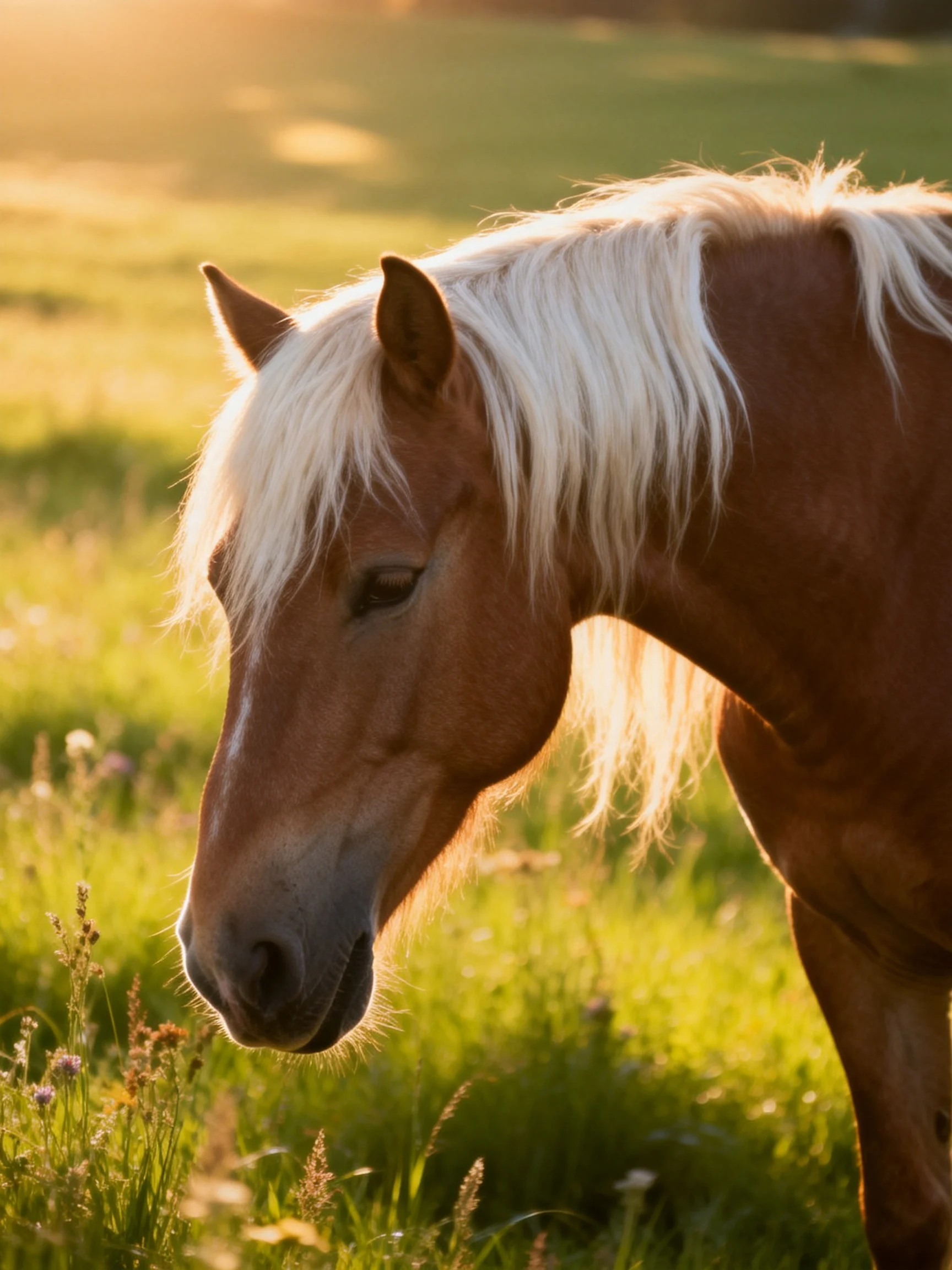 A brown horse with long white mane grazing in a sunlit meadow