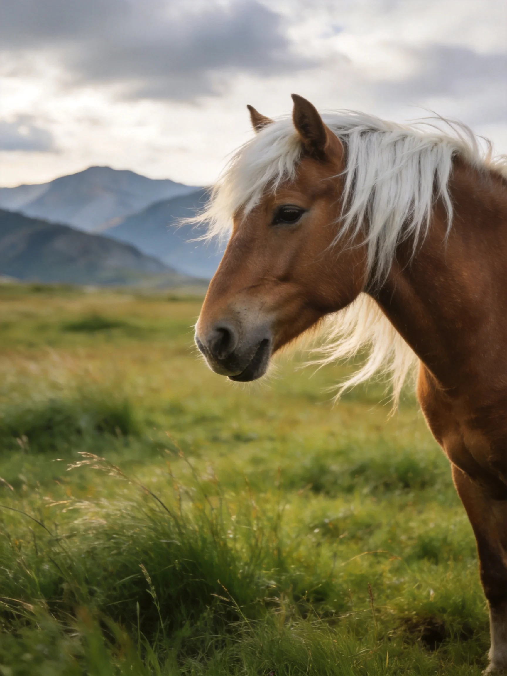 A brown horse with long white mane in a lush green meadow near mountains