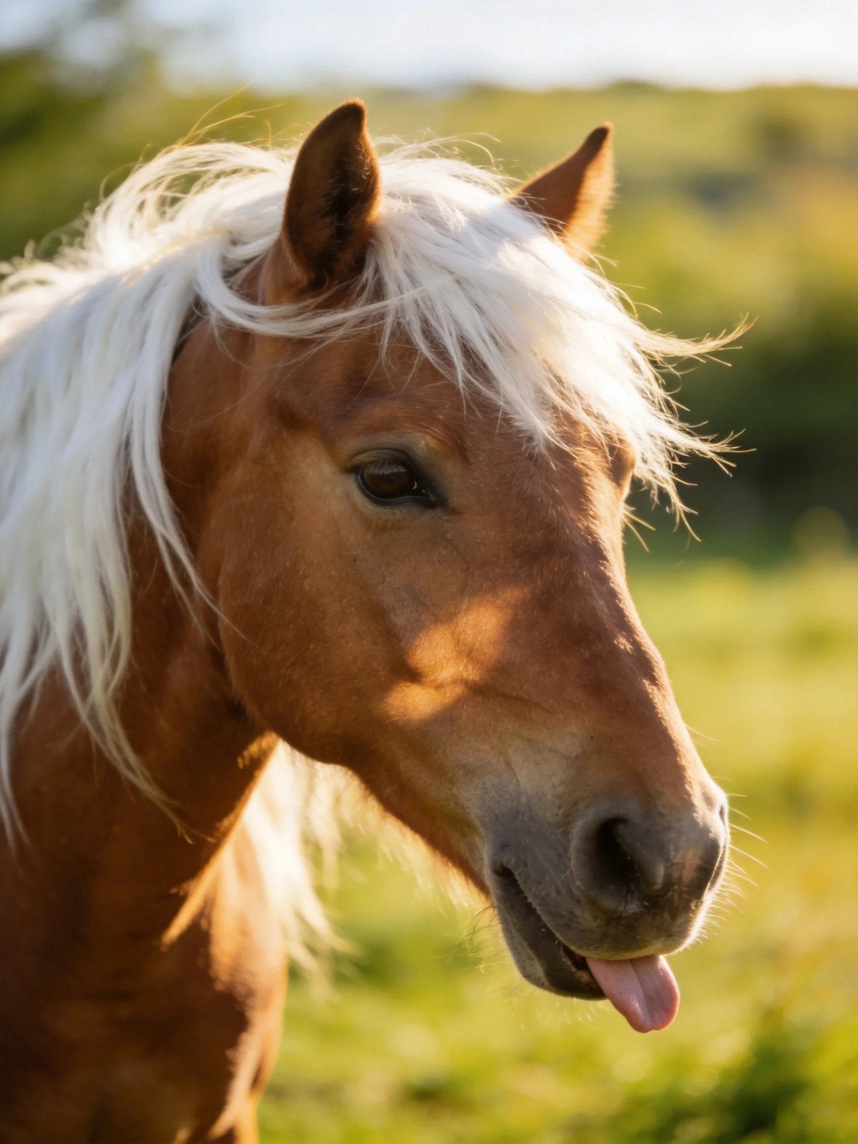 A brown horse with a white mane is in a sunlit open area.