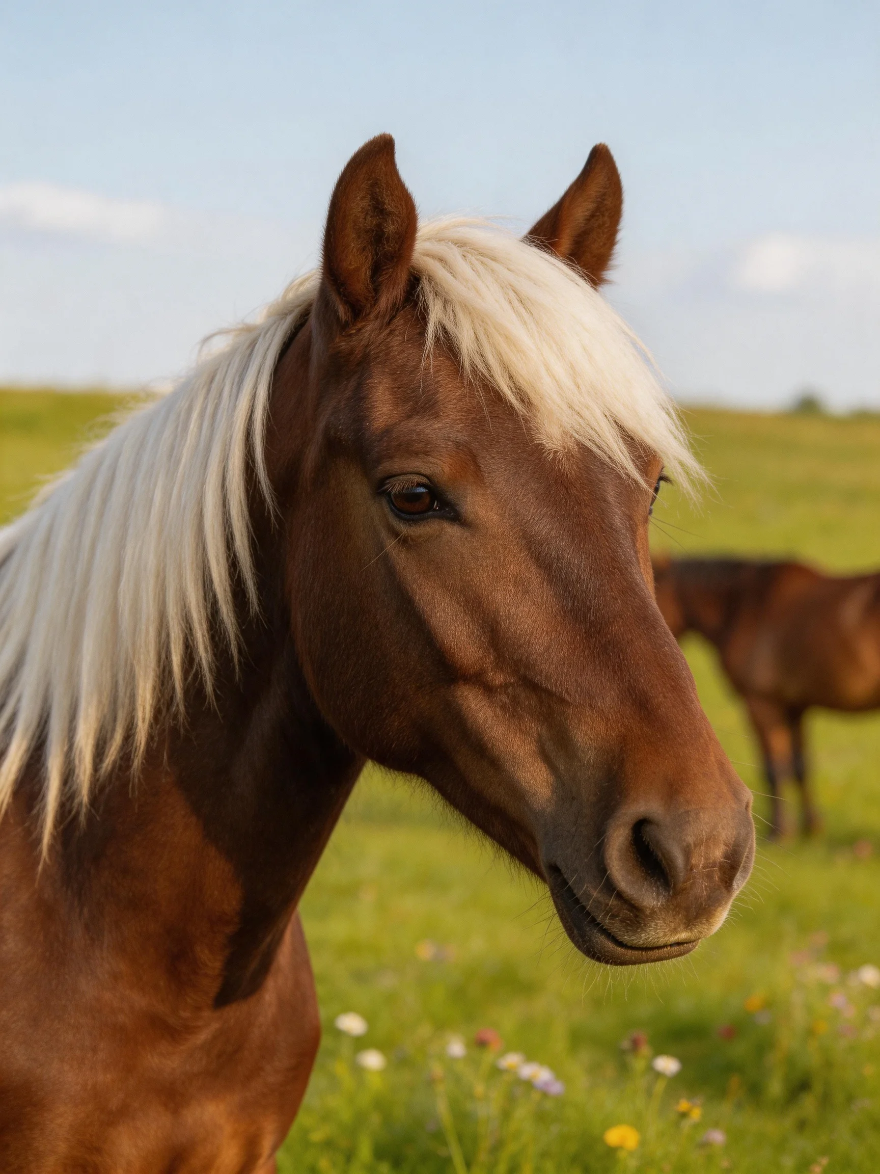 A brown horse with long white mane in a sunlit green meadow