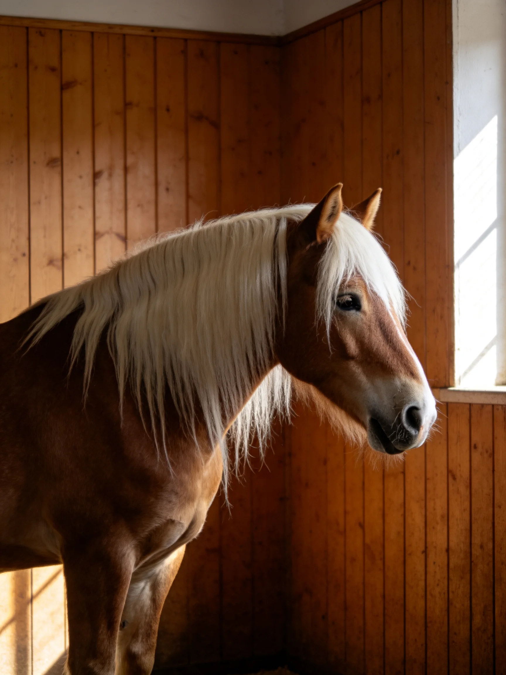 A brown horse with long white mane in a wooden stable near a window