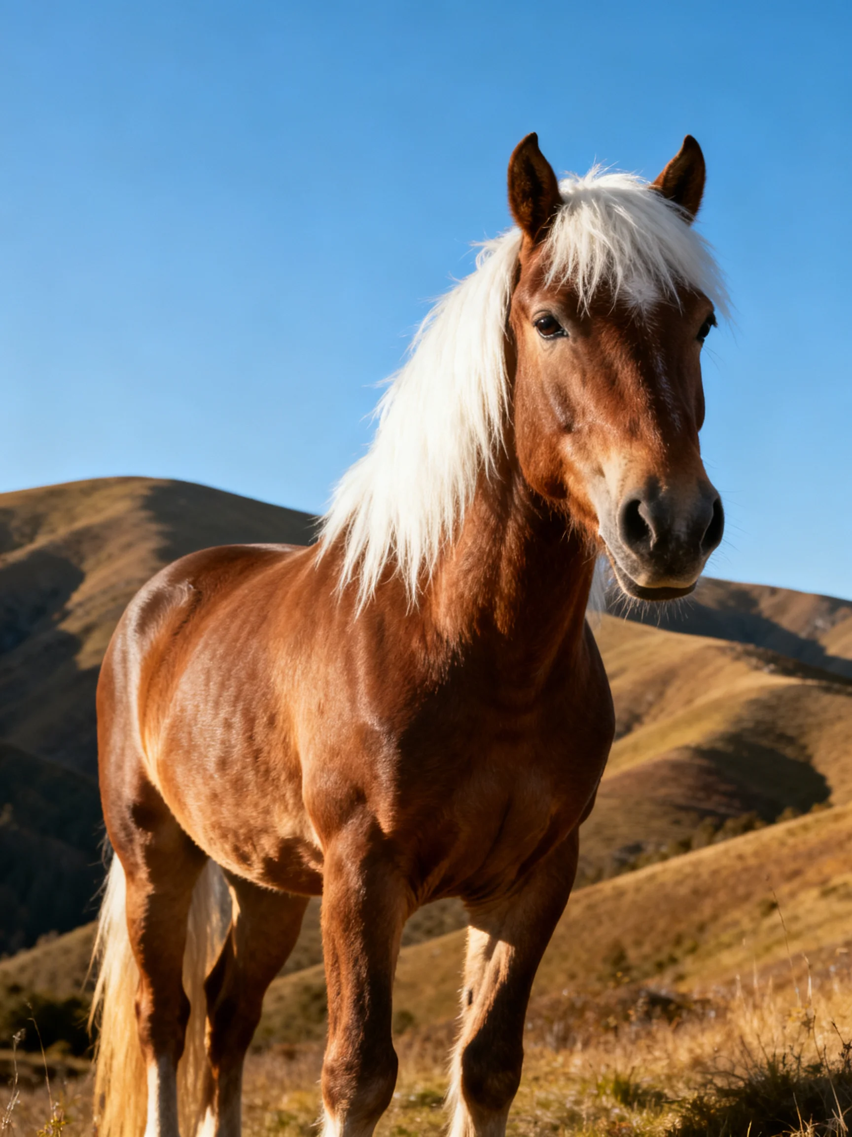 A brown horse with long white mane stands near rolling hills