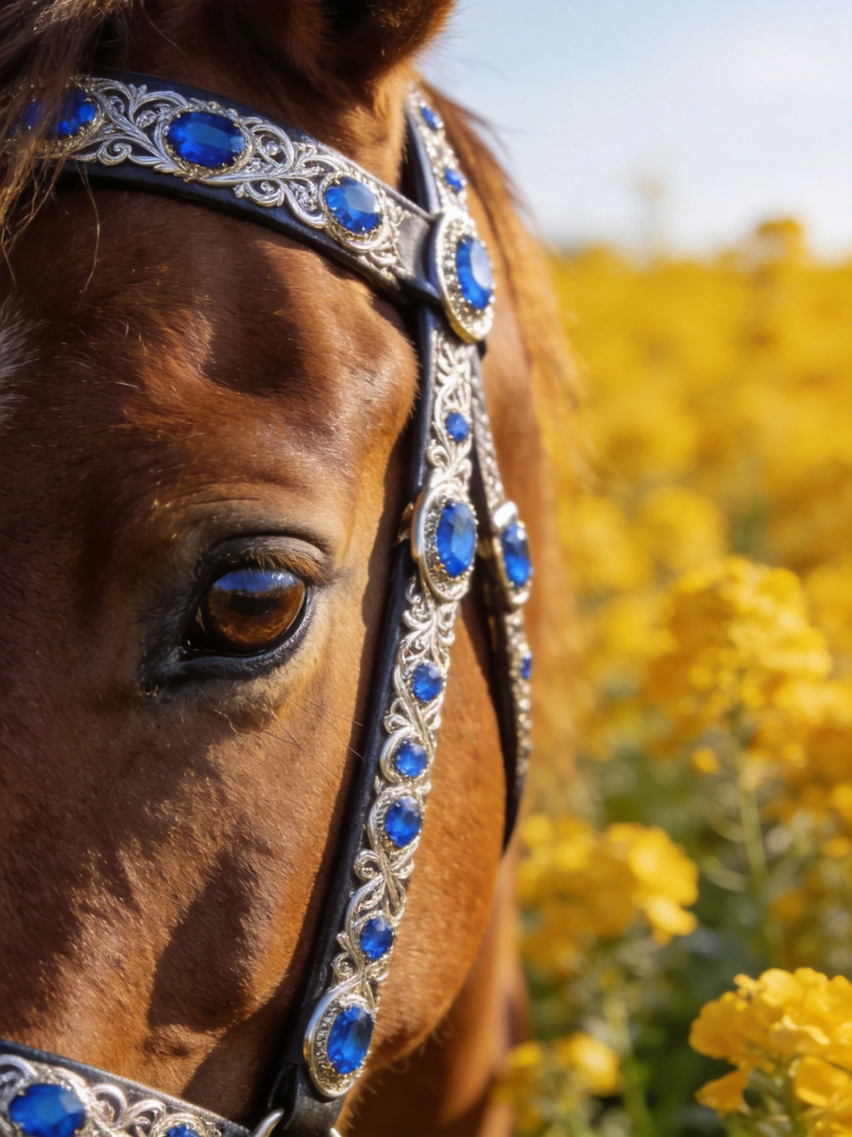 A brown horse with ornate blue-studded bridle near golden blooms