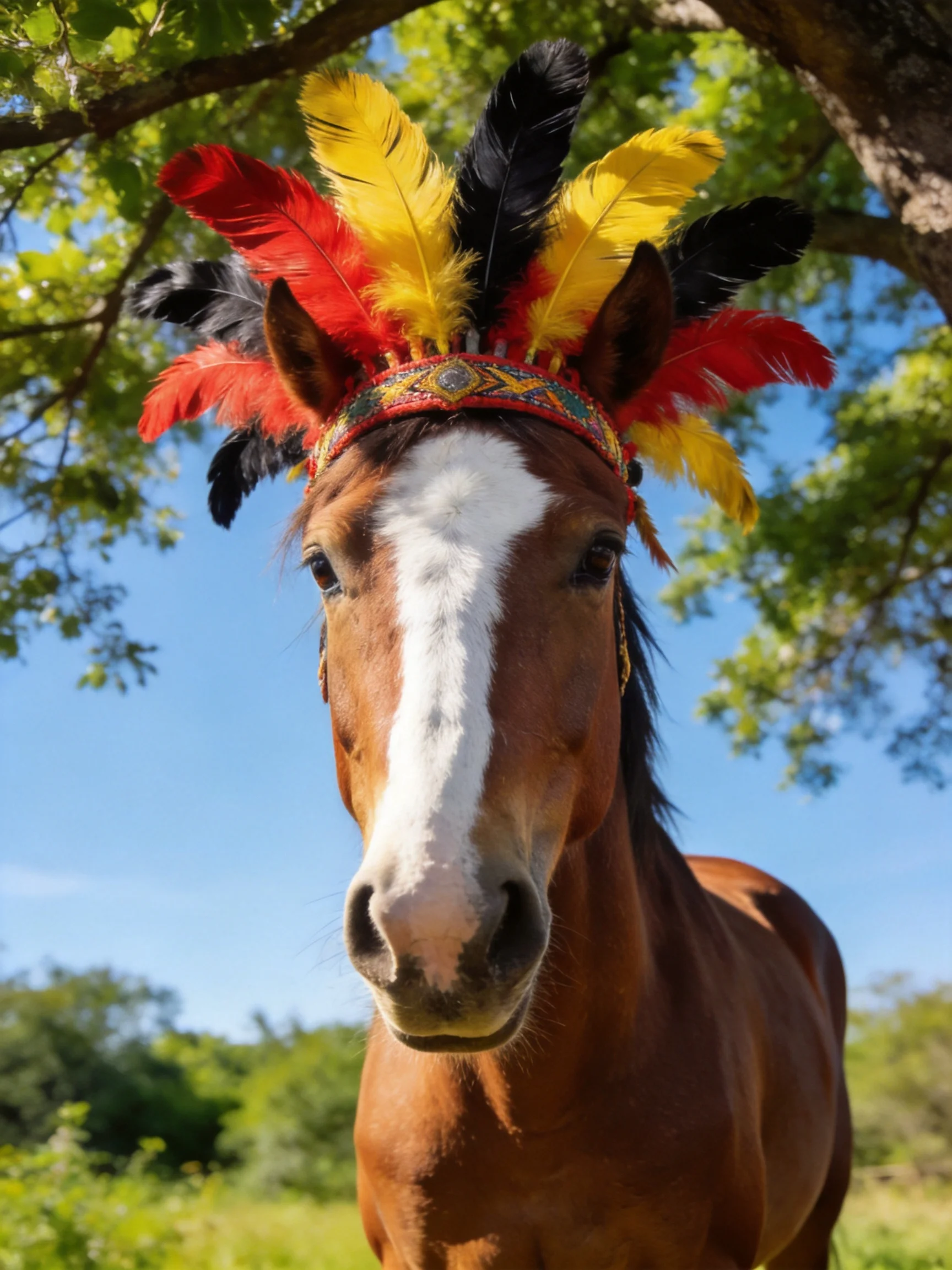 A brown horse with red, yellow, and black feather headdresses