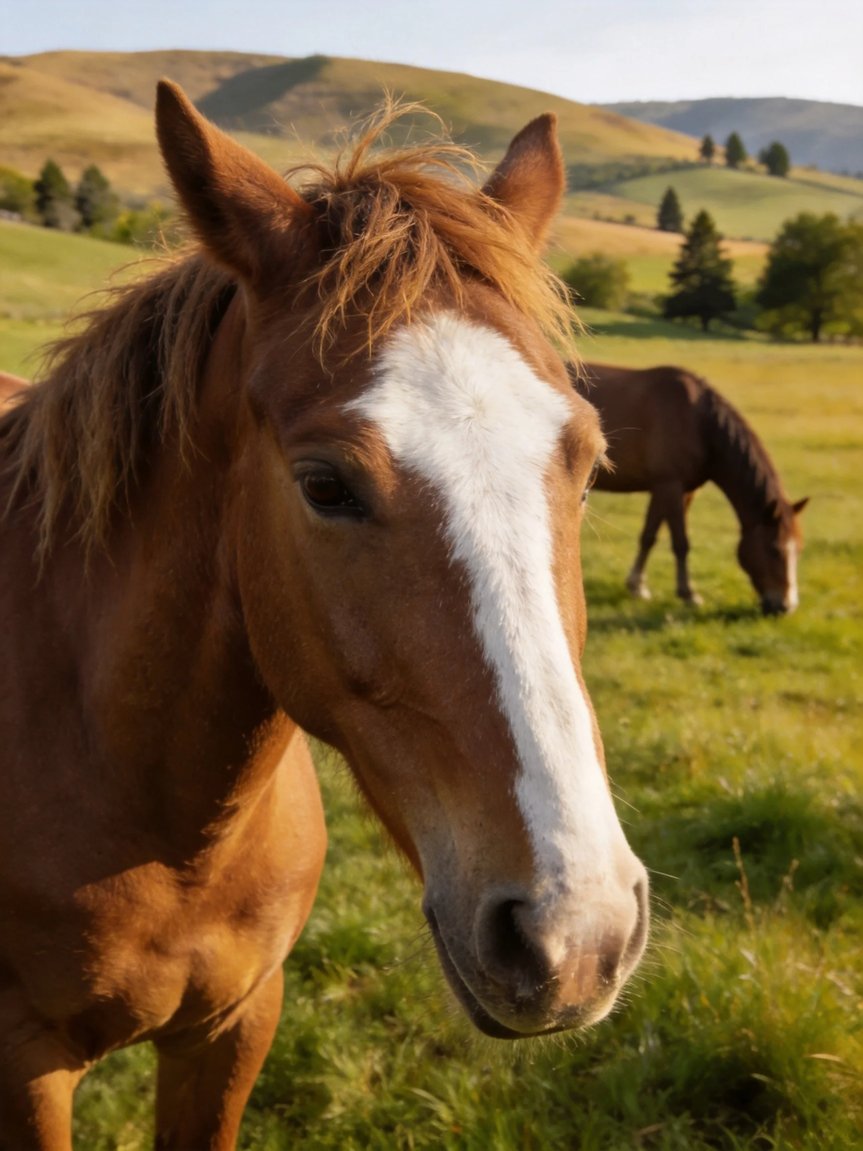 A brown horse with white blaze and a grazing companion in a sunlit green pasture