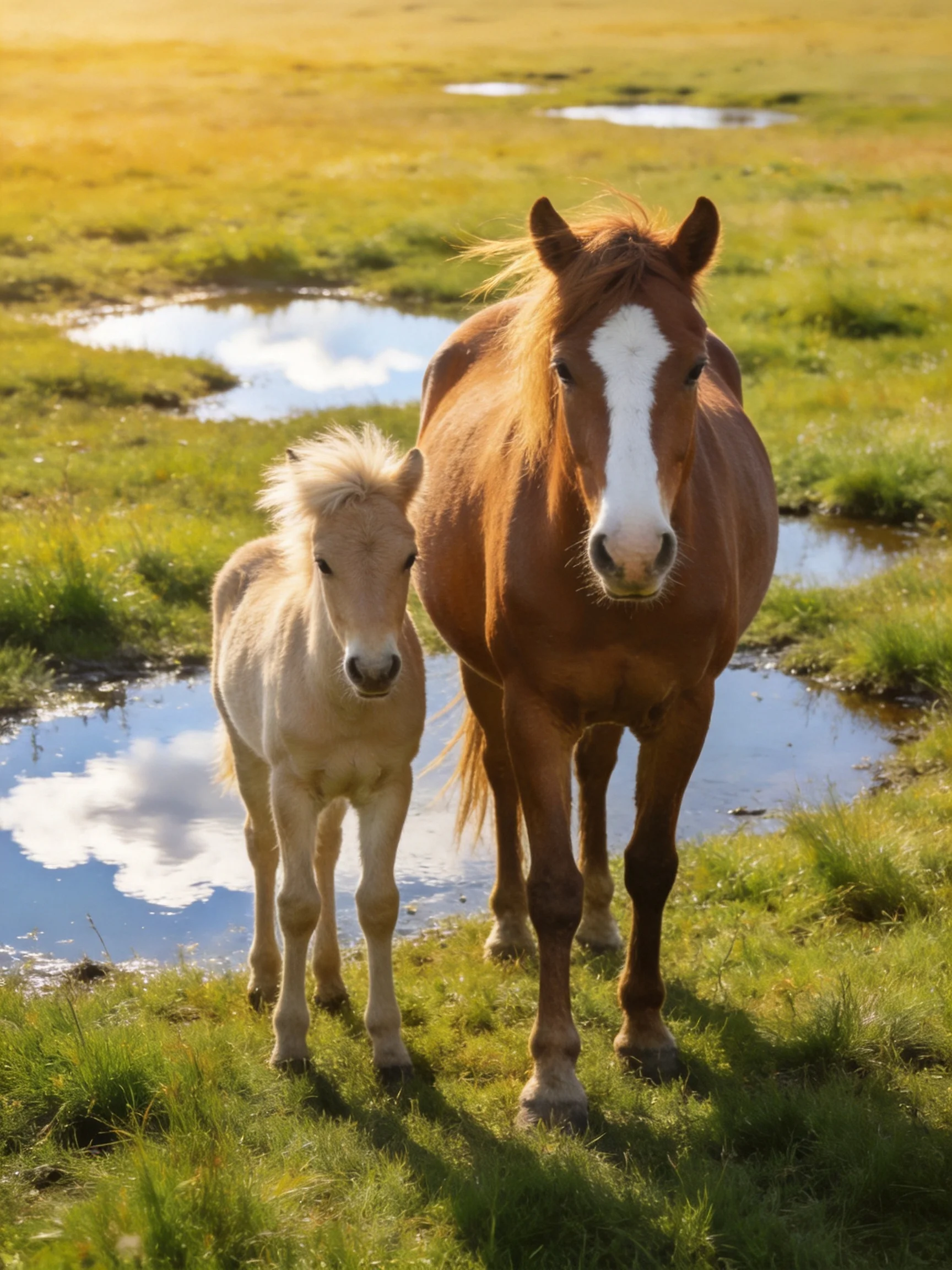 A brown horse with white blaze and a light - colored foal in a sunlit grassy field with water puddles