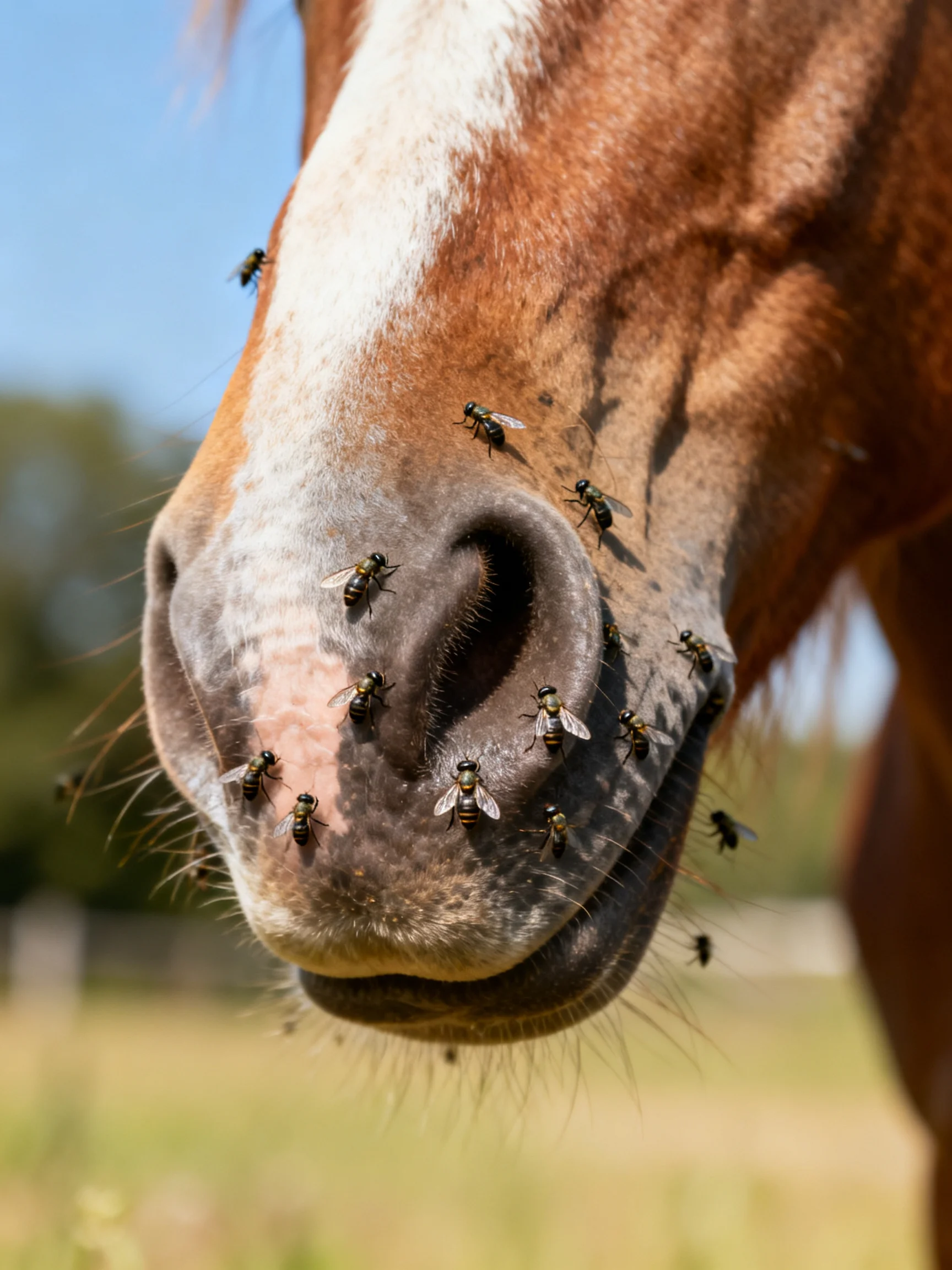 A brown horse with white facial markings surrounded by many flies
