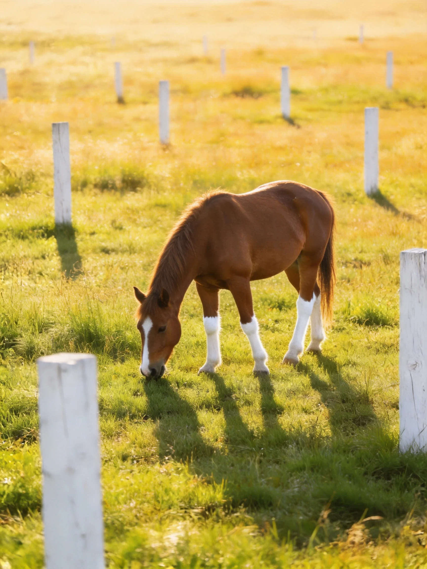 A brown horse with white leg wraps grazes in a sunlit golden-green field