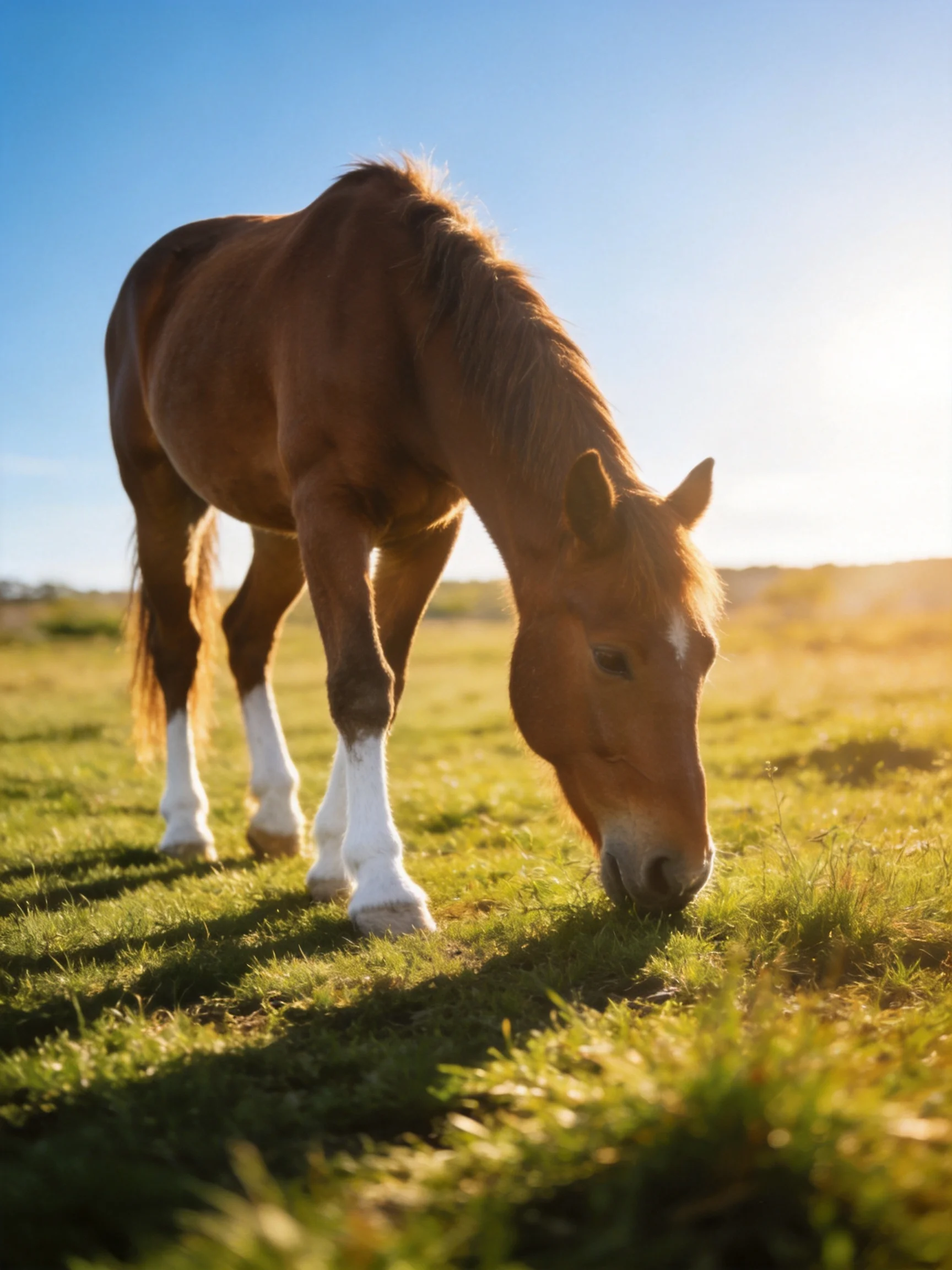 A brown horse with white legs grazing in a sunlit meadow
