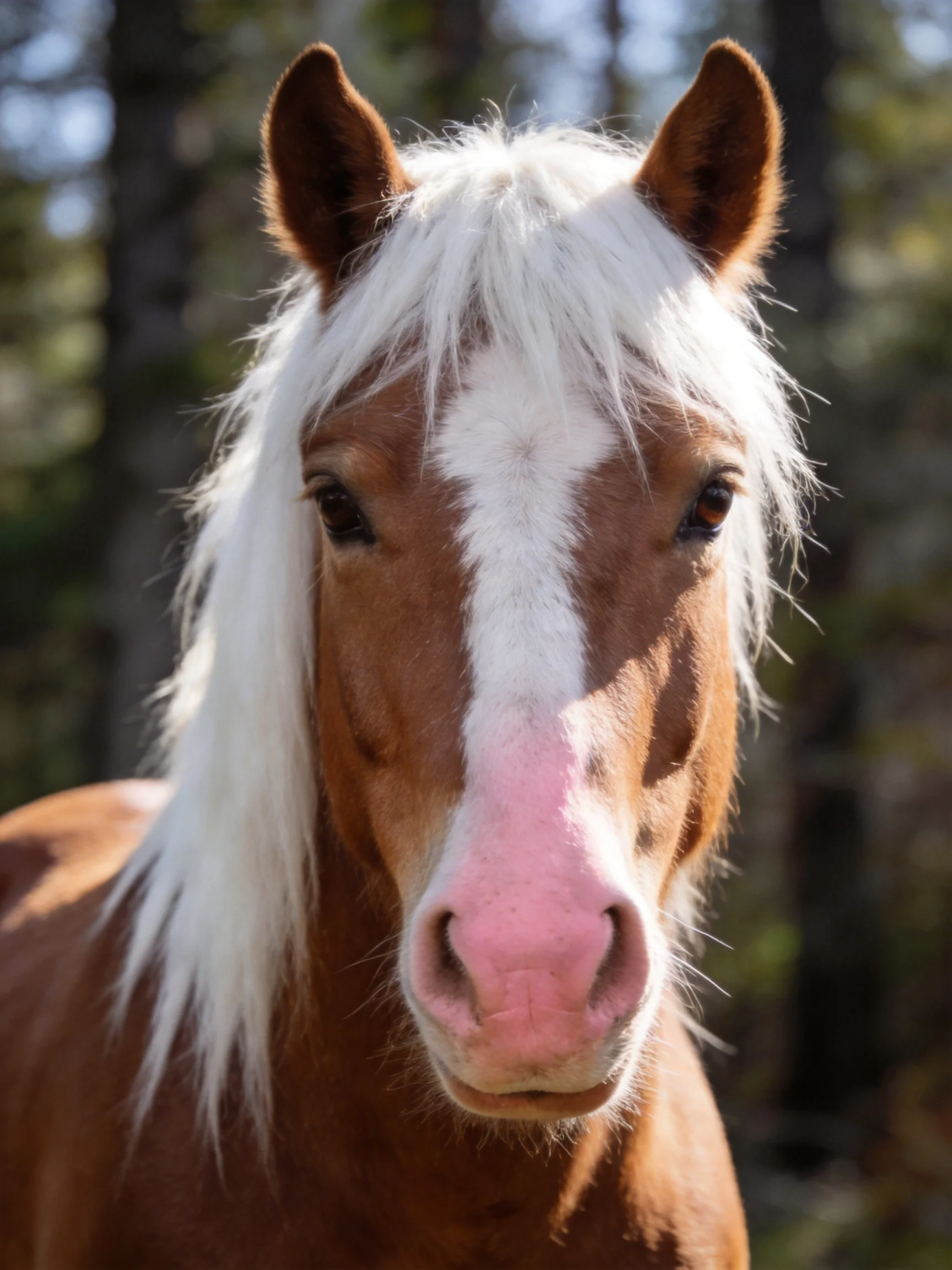 A brown horse with white mane and pink nose in a forest