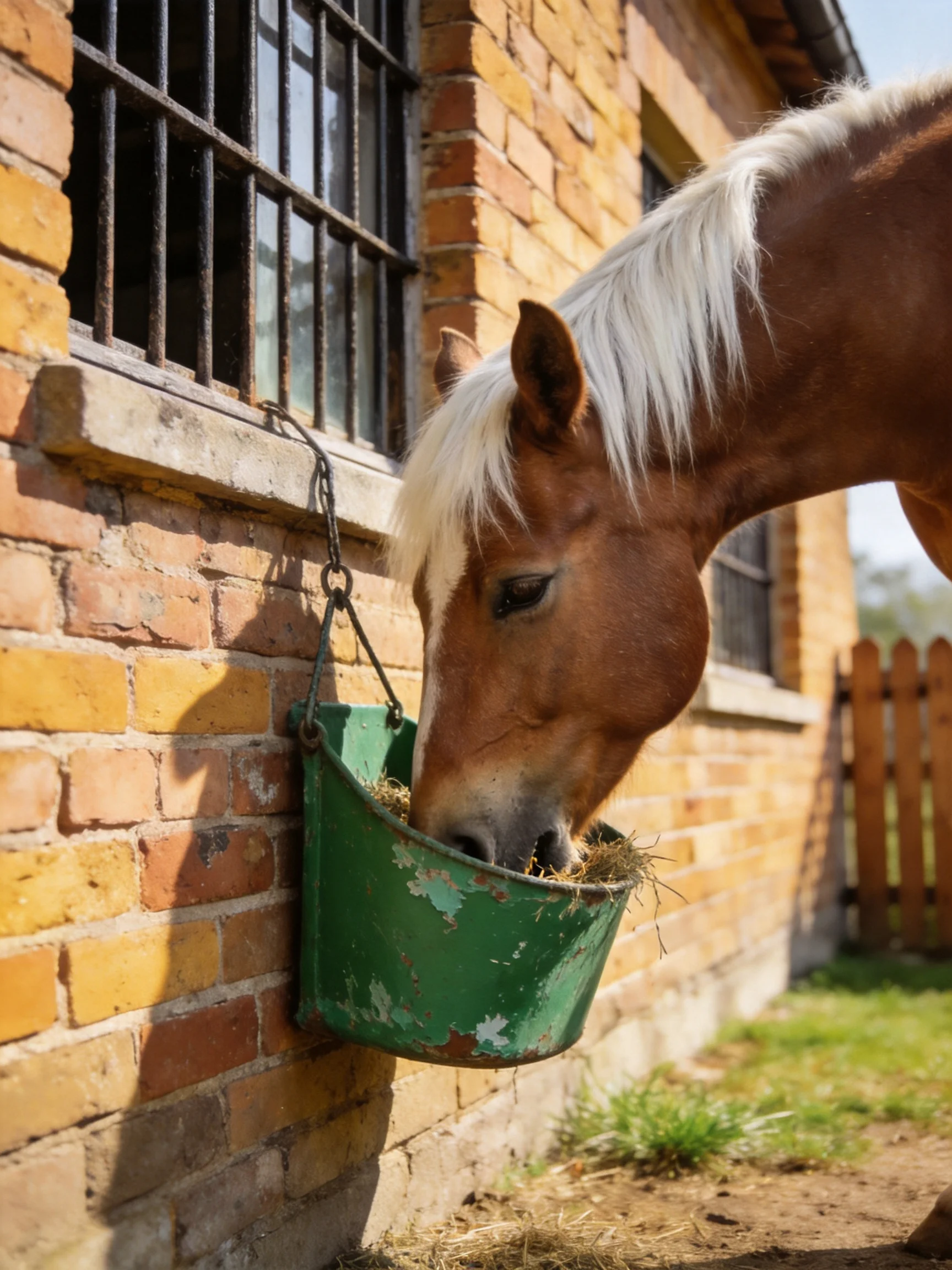 A brown horse with a white mane eats hay from a green bucket attached to a brick building.