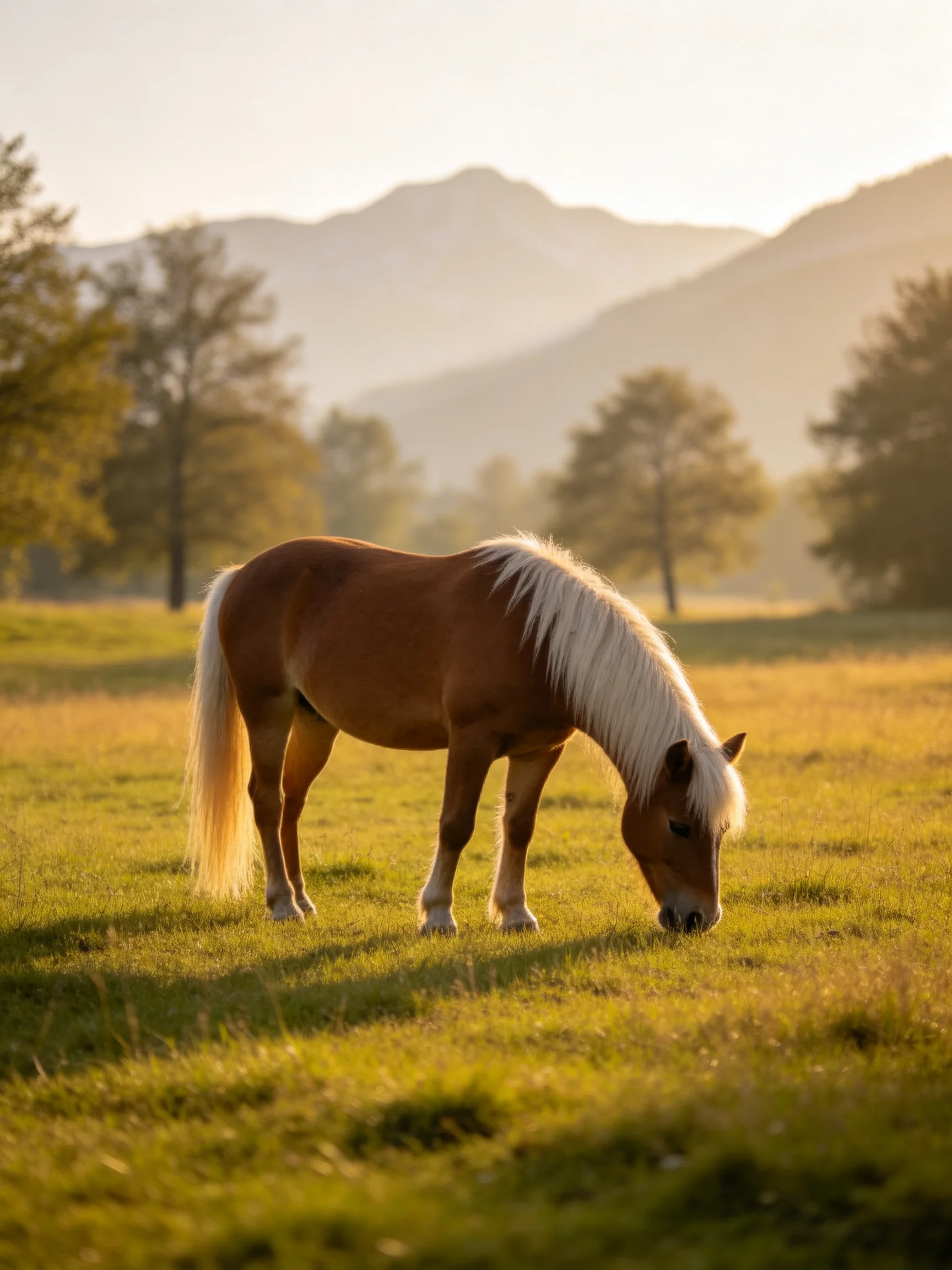A brown horse with white mane grazes in a golden meadow near misty mountains