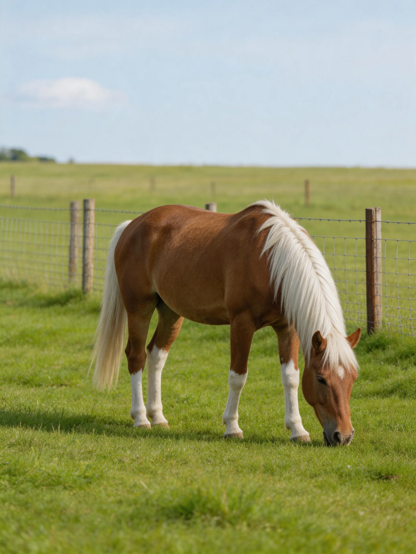 A brown horse with white mane grazes in a lush green pasture