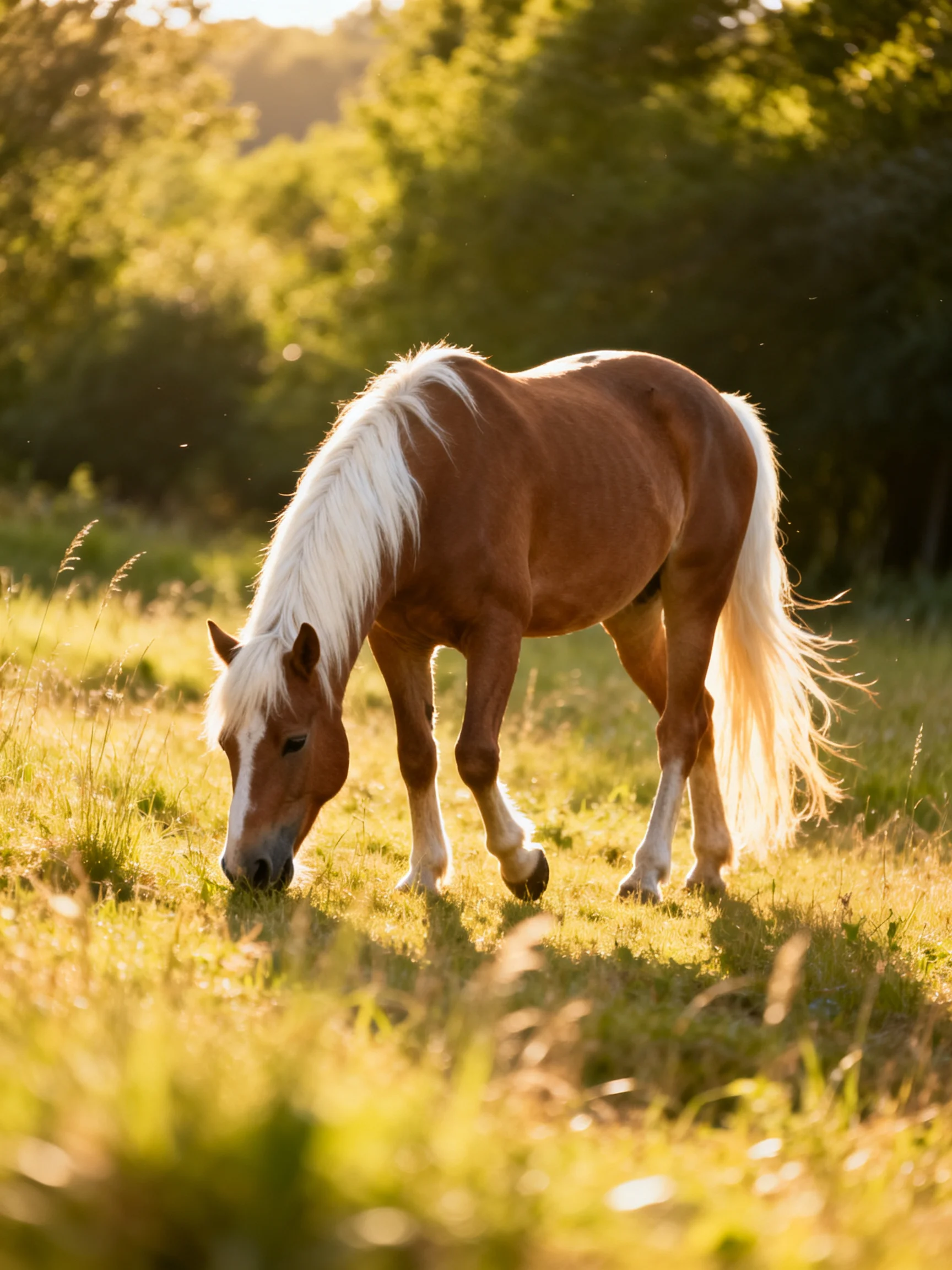 A brown horse with white mane grazes in a sunlit meadow