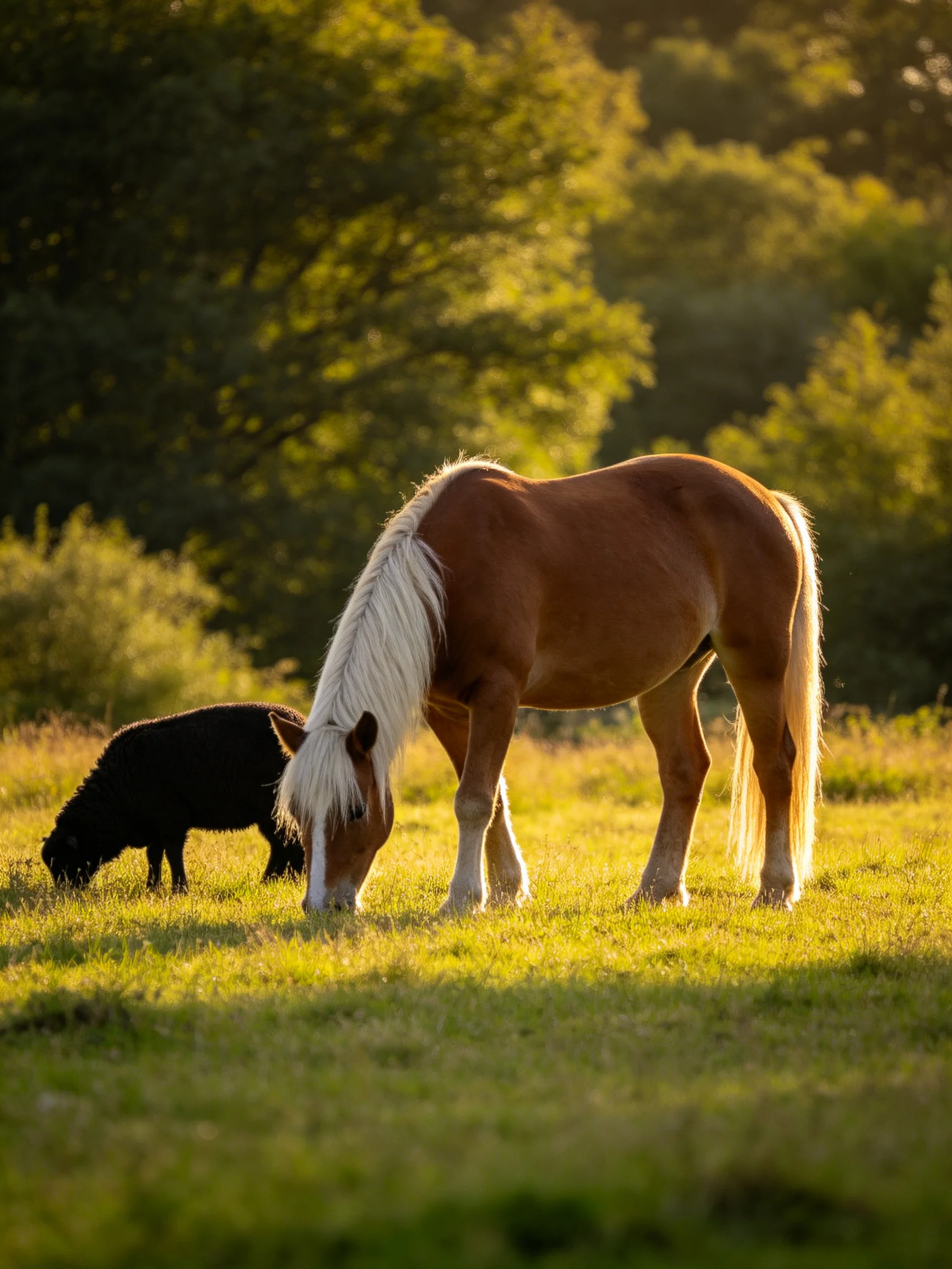 A brown horse with white mane grazes near a black animal in a sunlit meadow