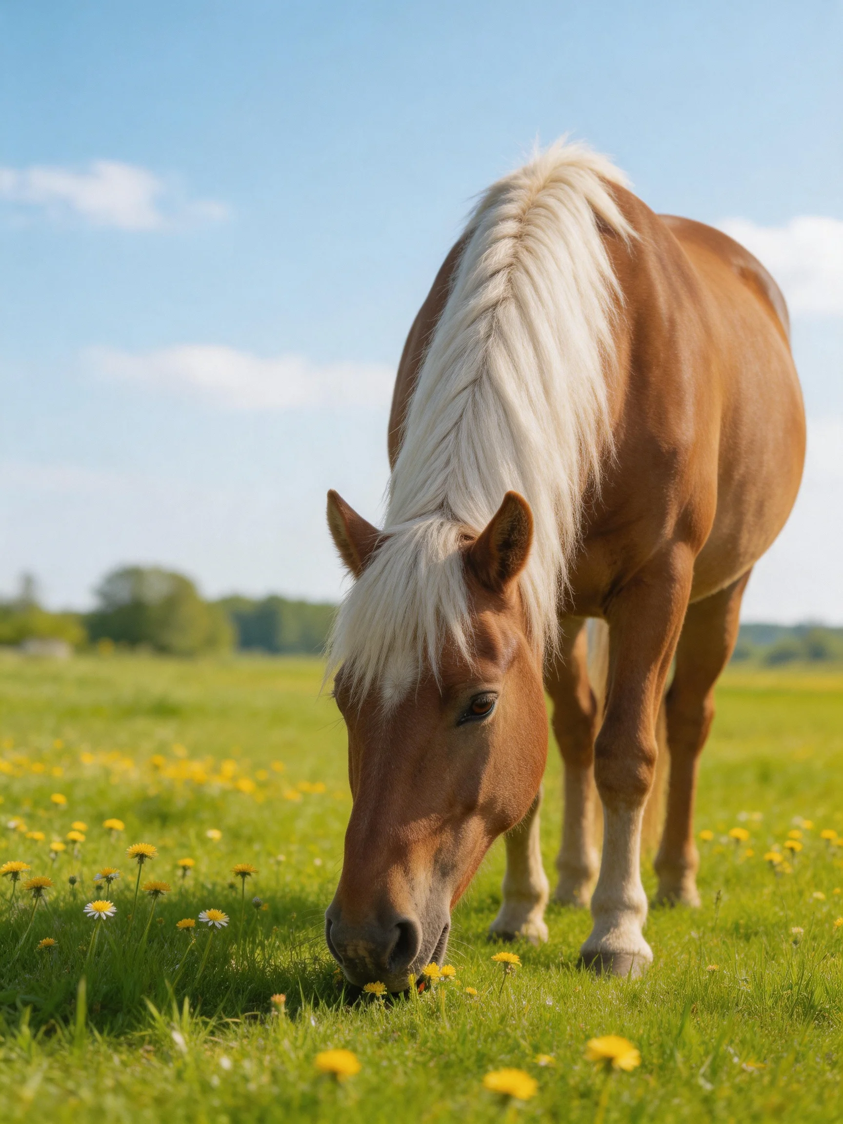 A brown horse with white mane grazing in a flower-filled meadow