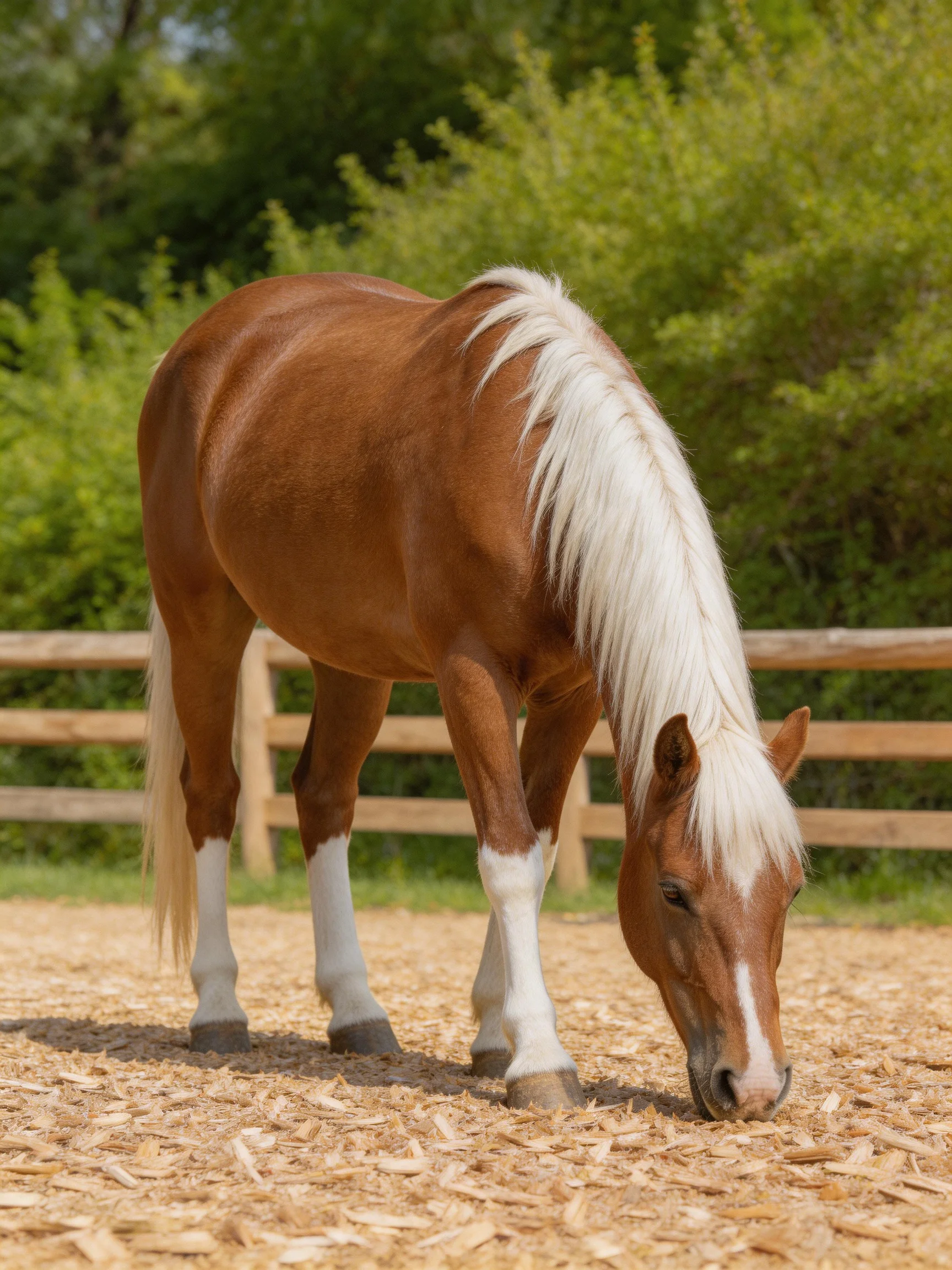 A brown horse with white mane grazing on wood chips near a wooden fence
