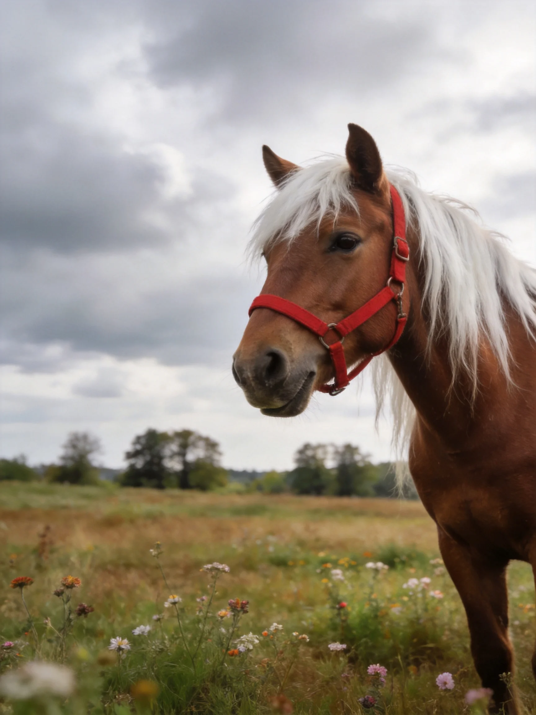 A brown horse with white mane in a flower-filled meadow under cloudy skies