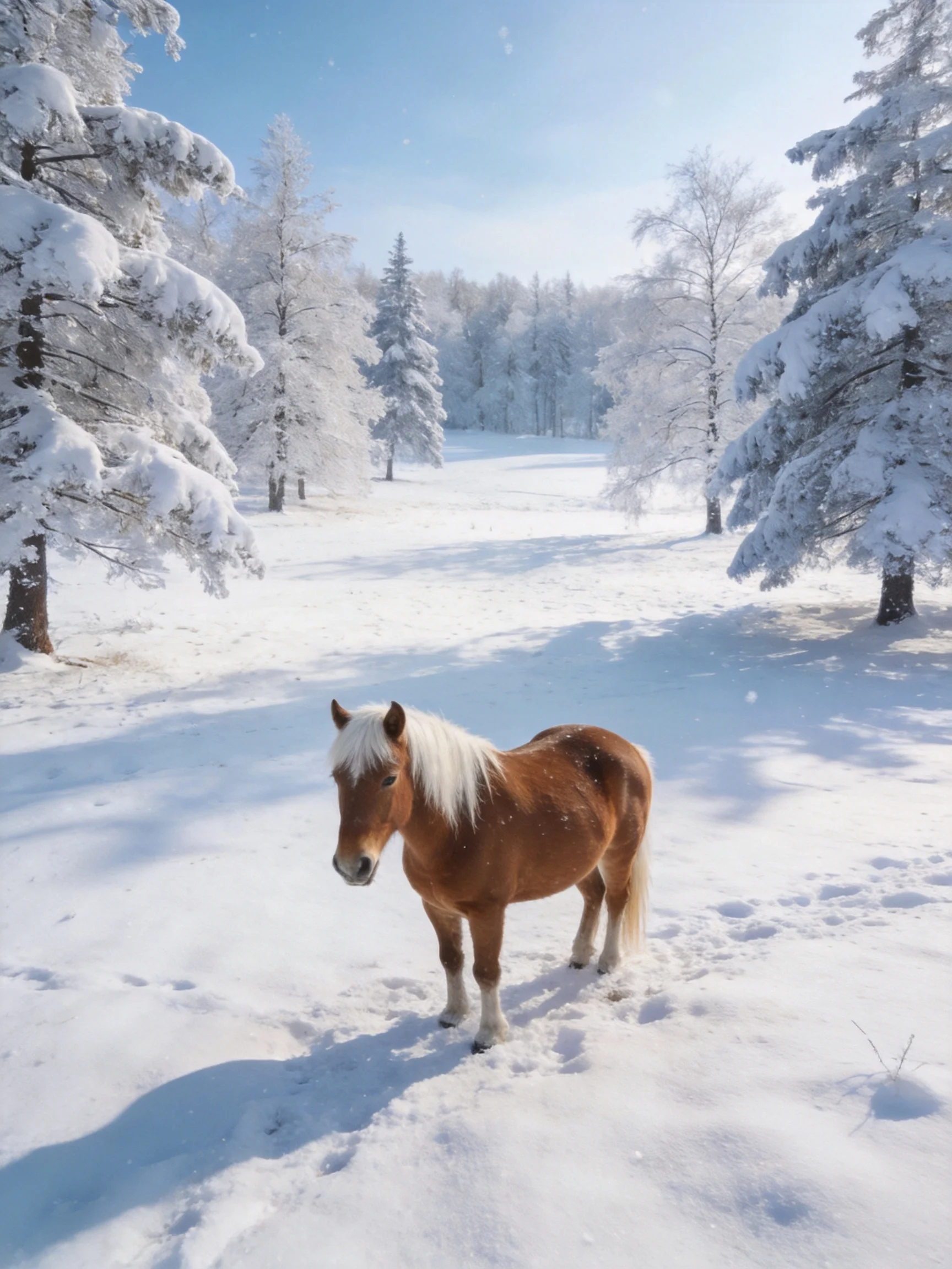 A brown horse with white mane in a snowy forest of snow-covered trees