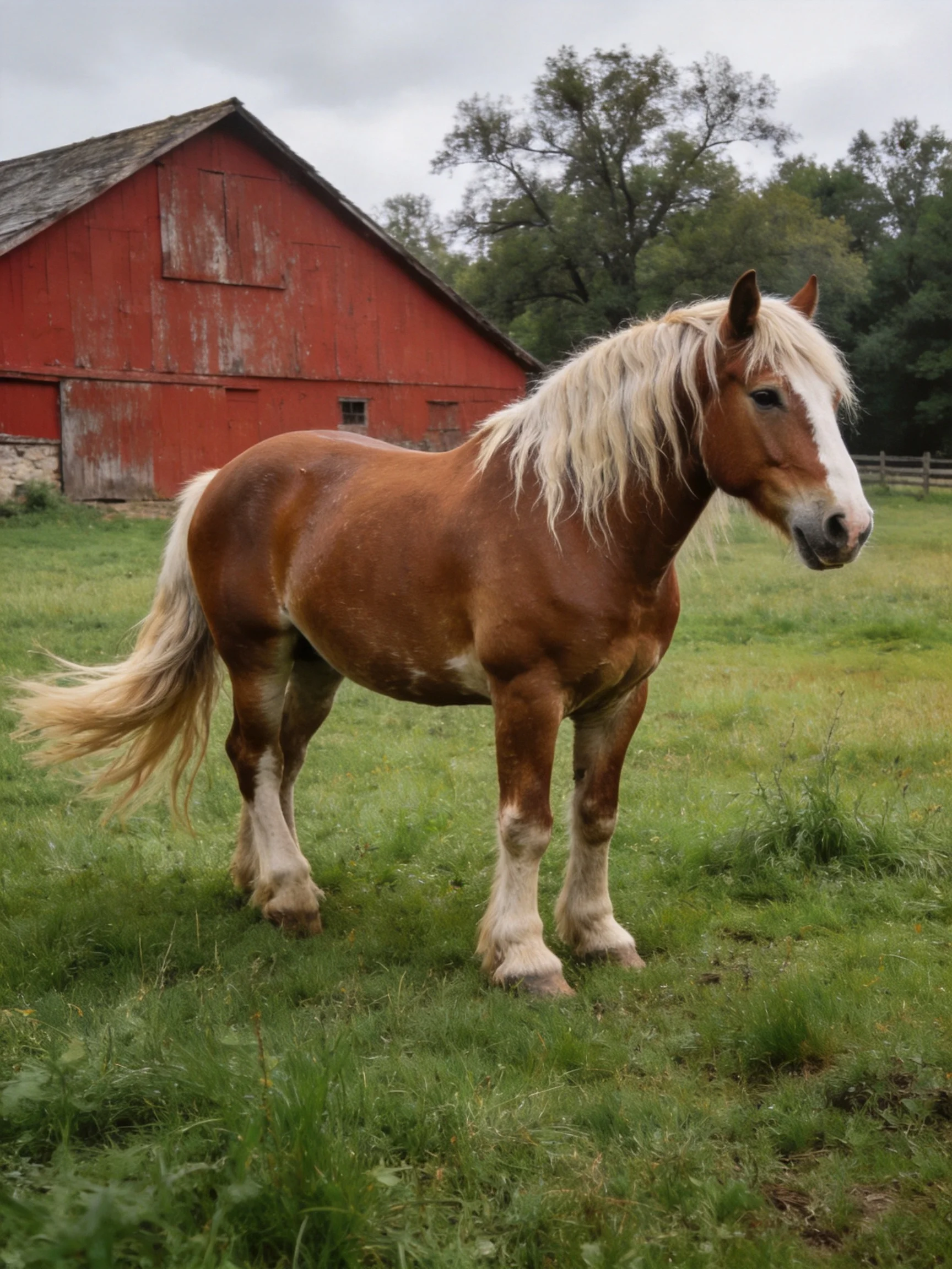 A brown horse stands in a green field beside a red barn.