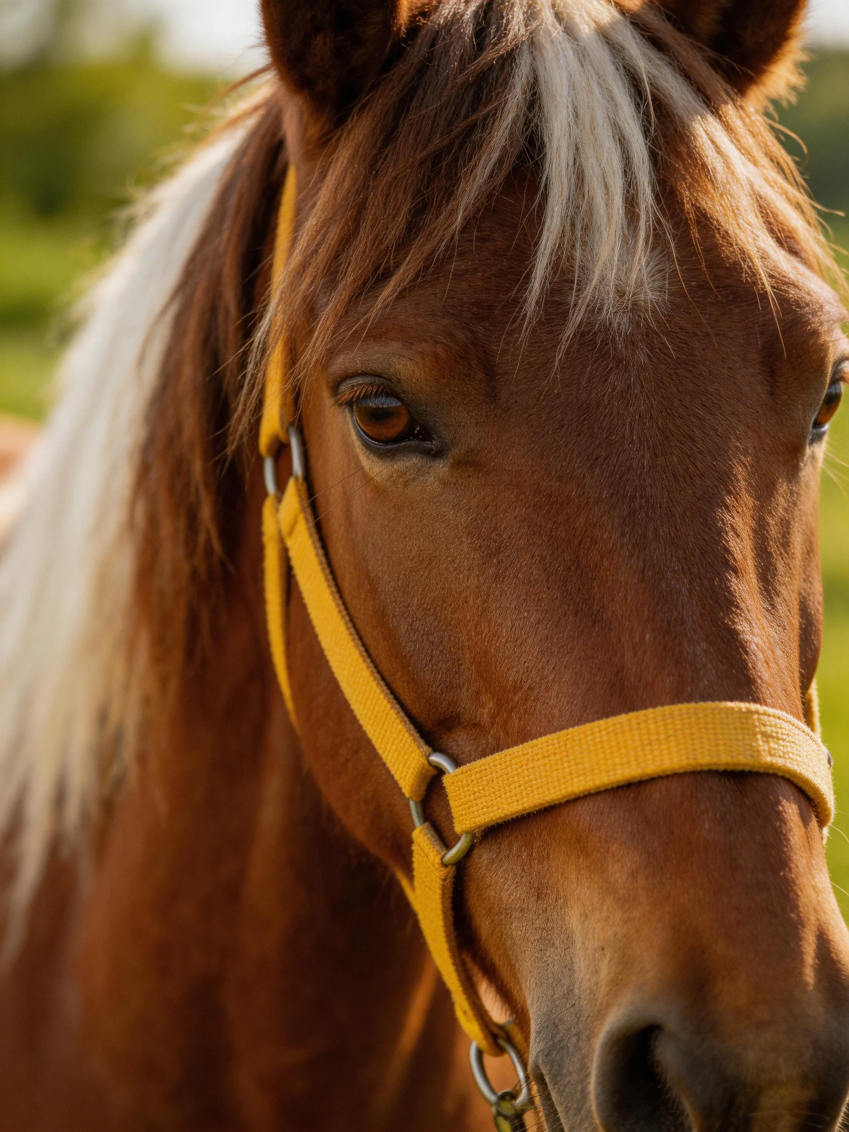 A brown horse with white mane wearing a yellow halter in a sunlit field