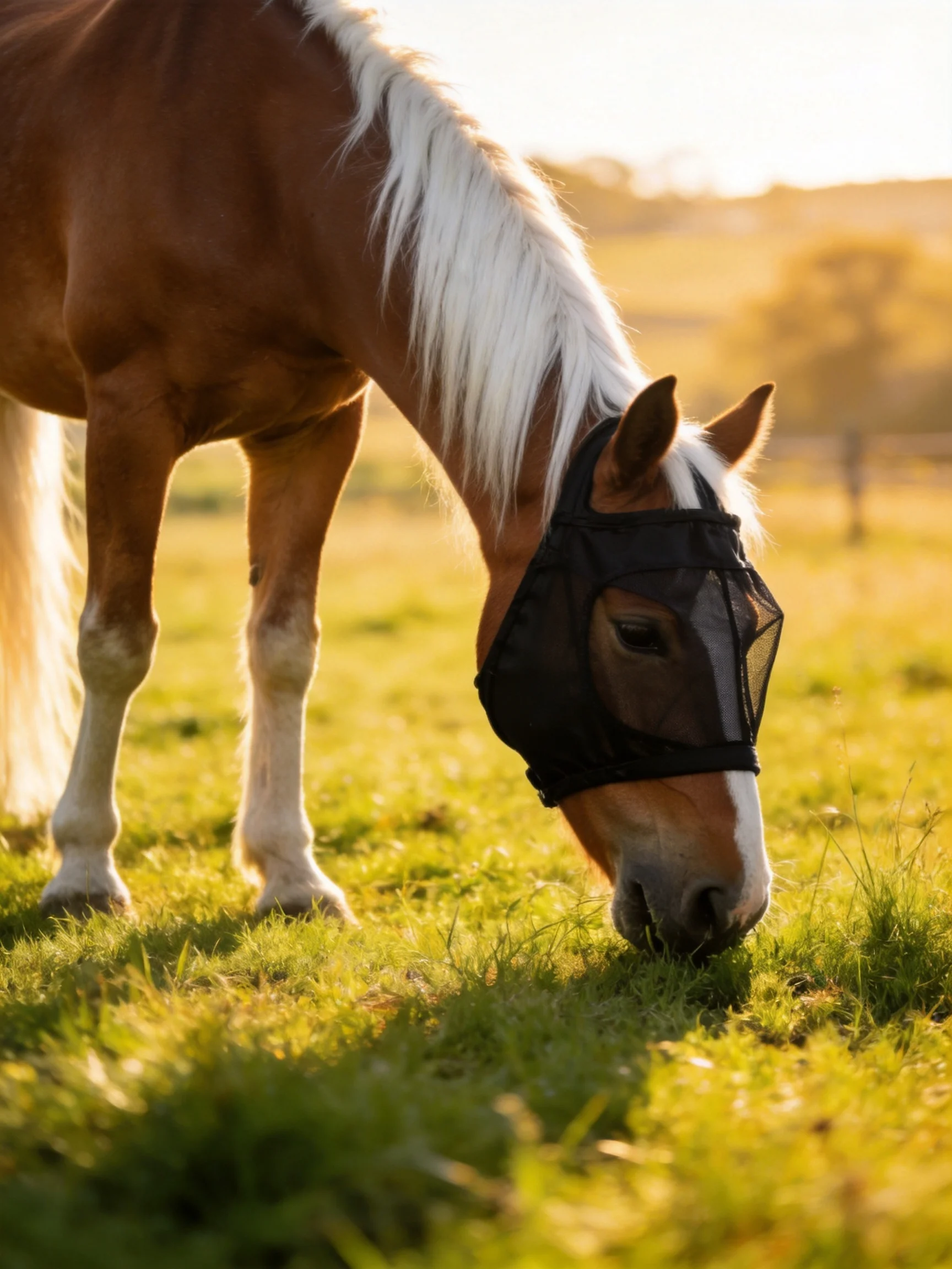 A brown horse with white mane wears a black fly mask in a sunlit meadow