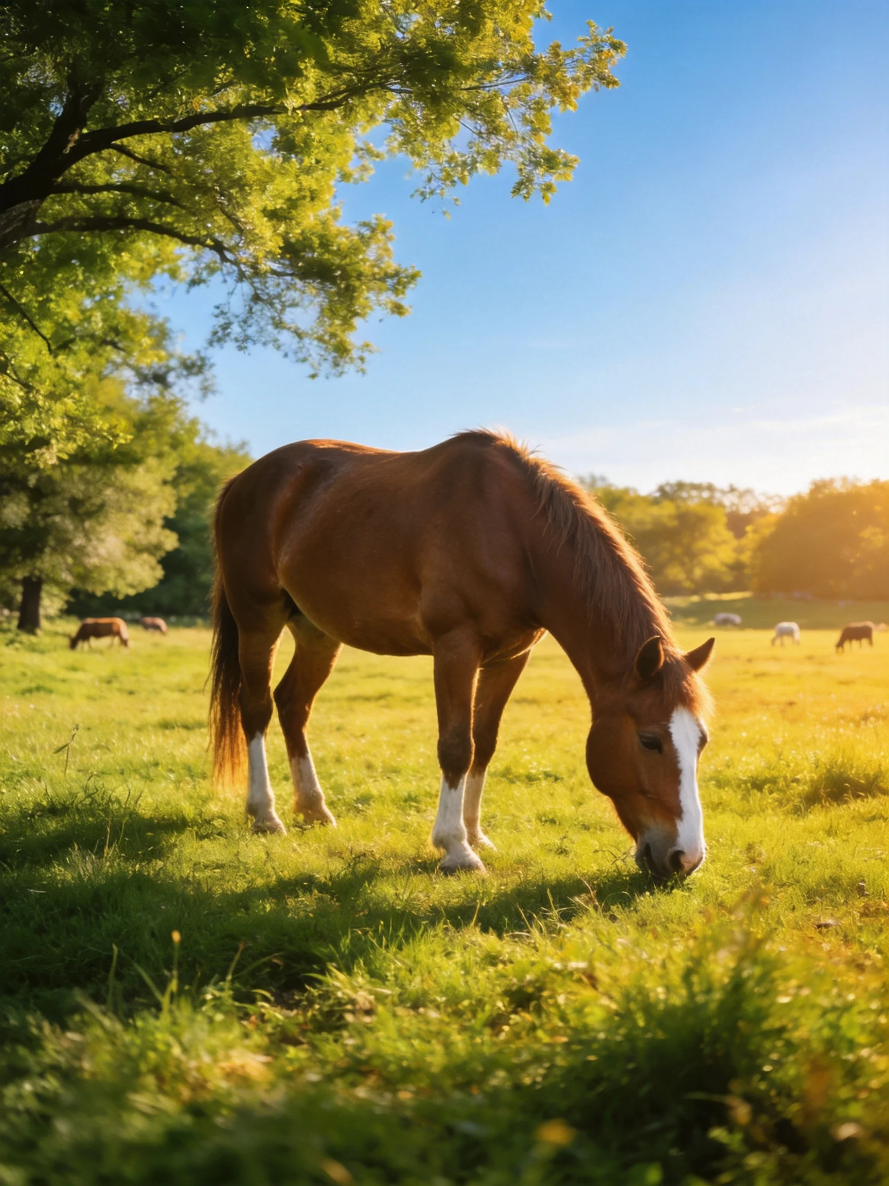 A brown horse with white markings grazes in a sunlit meadow with distant animals