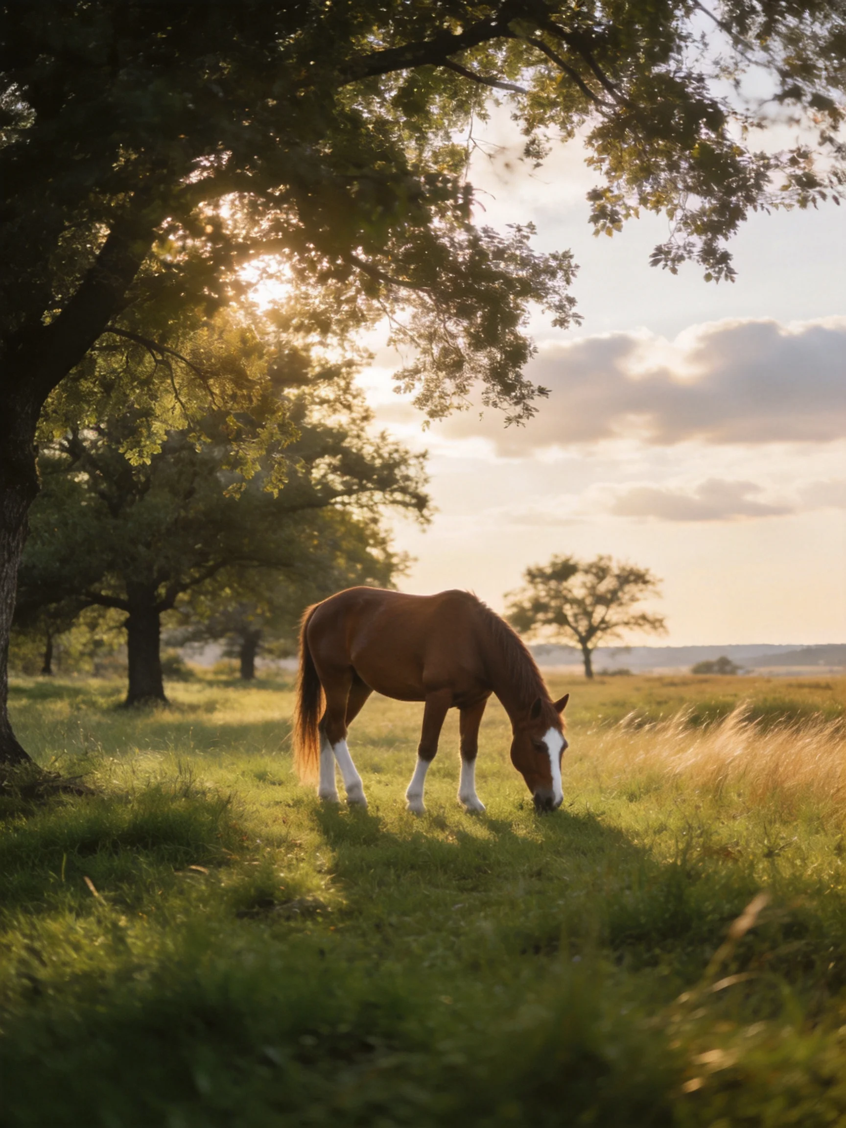 A brown horse with white markings grazes in a sunlit meadow with tall trees