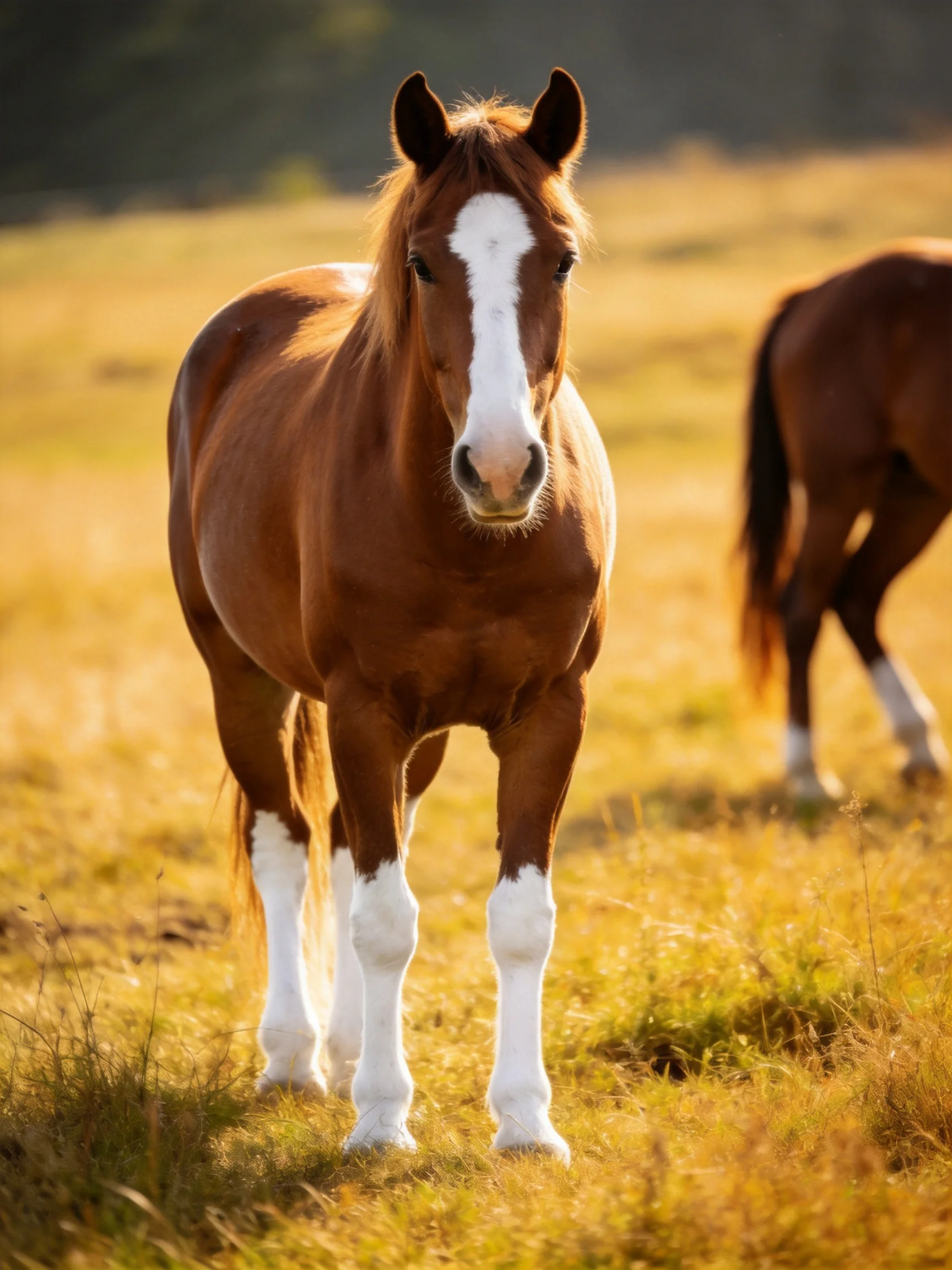A brown horse with white markings in a sunlit golden meadow, another horse nearby