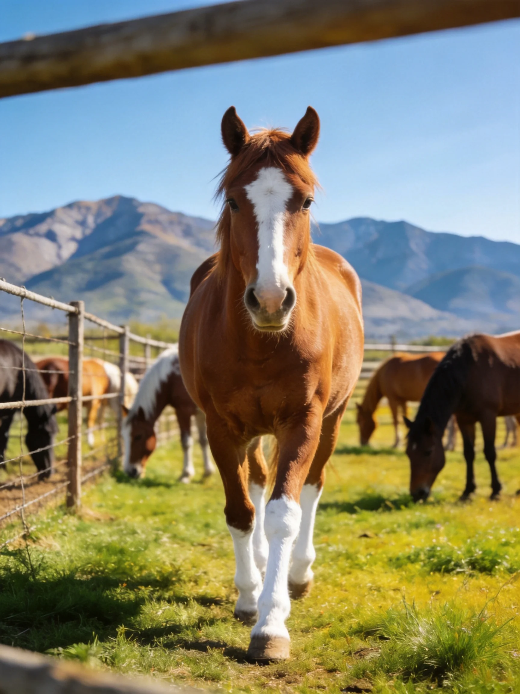 A brown horse with white markings leads a group near a wooden fence
