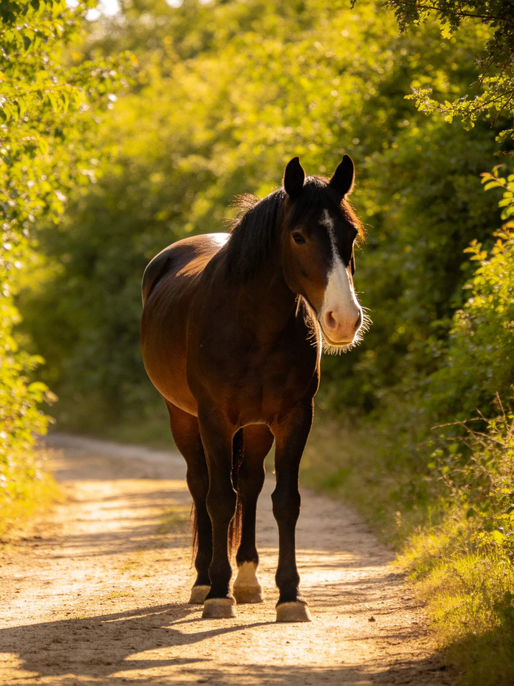 A brown horse with white markings on a sunlit dirt path