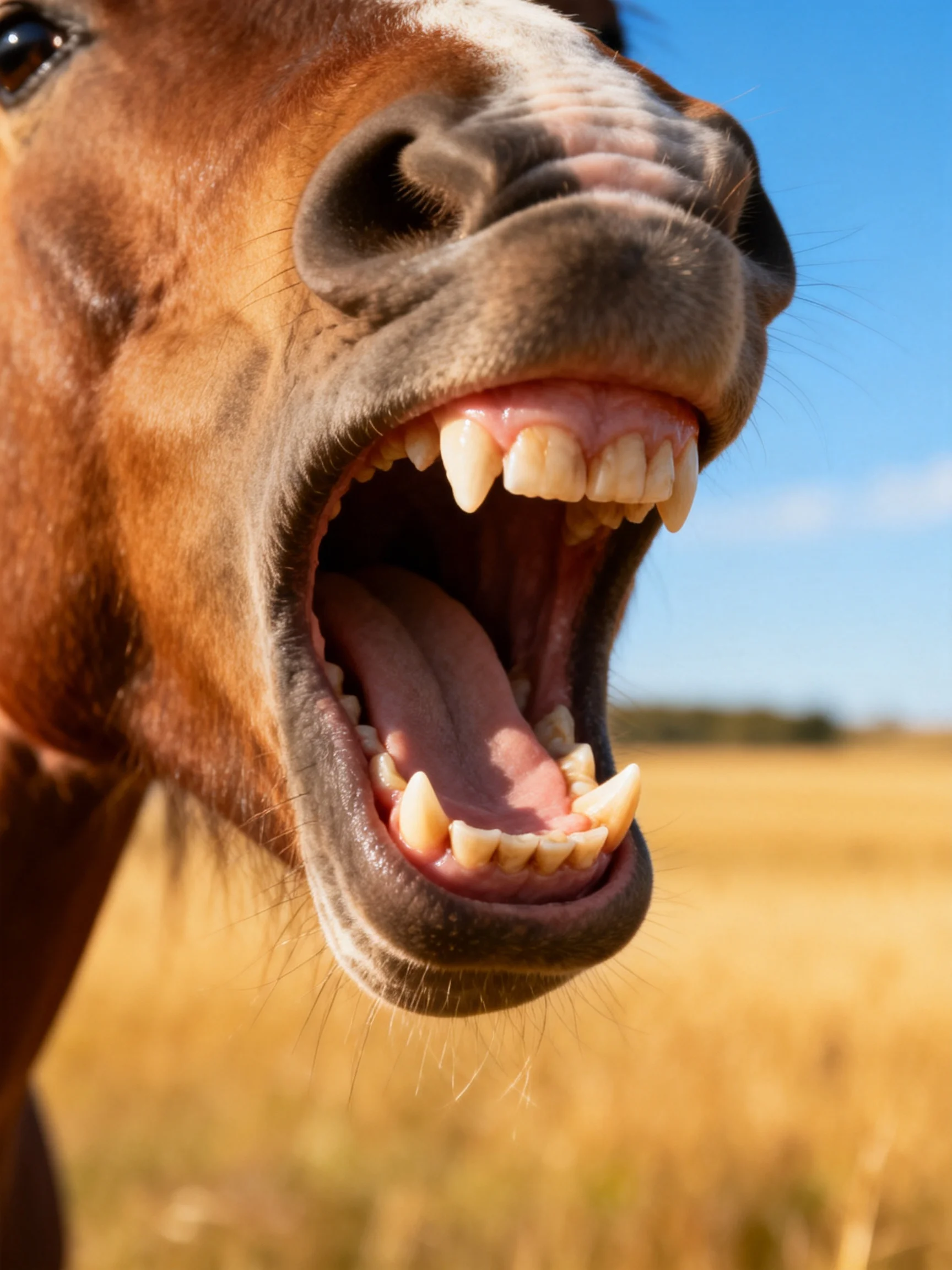 A brown horse with white markings yawns widely in an open field