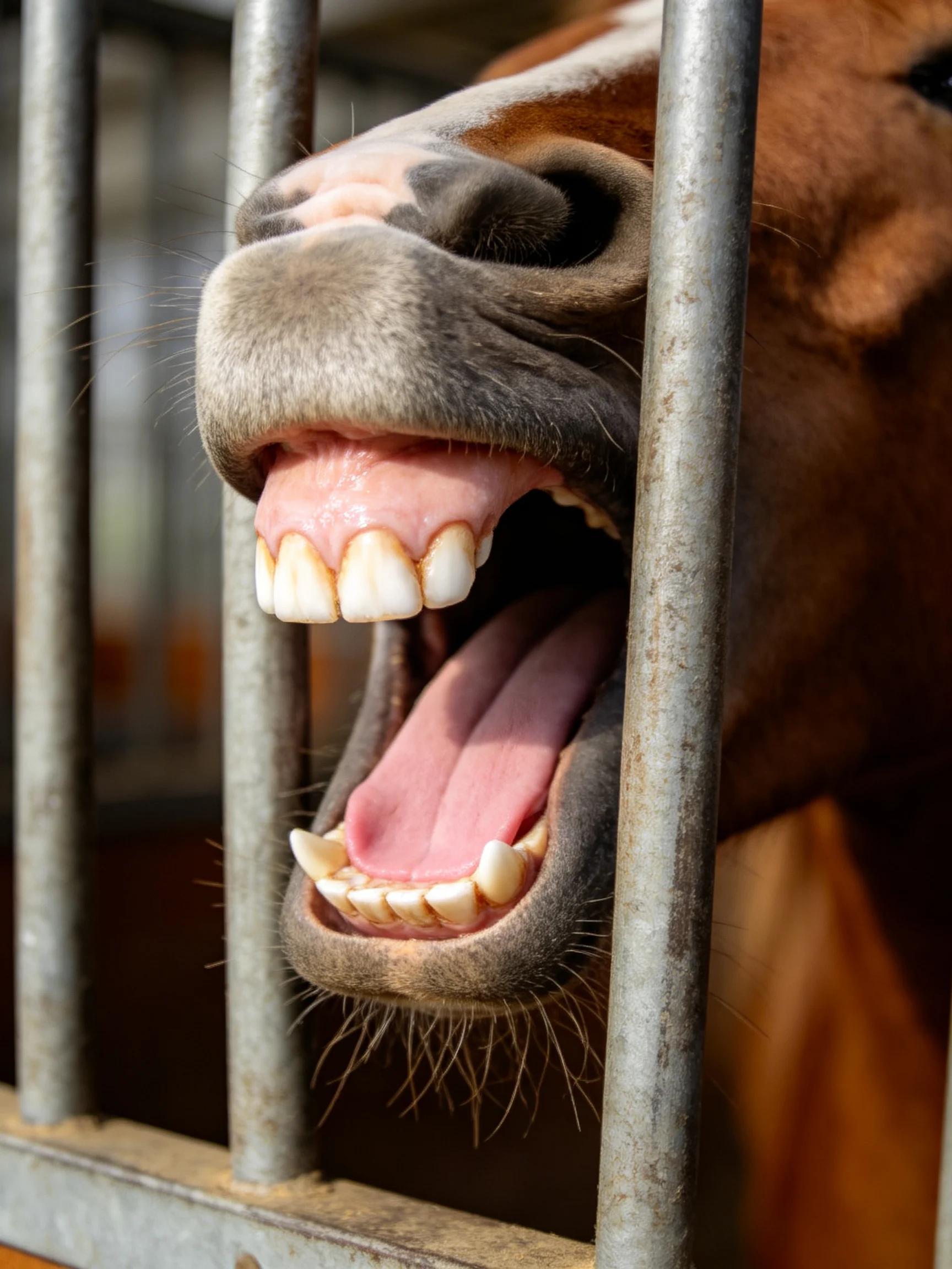 A brown horse with white teeth sticks through metal bars