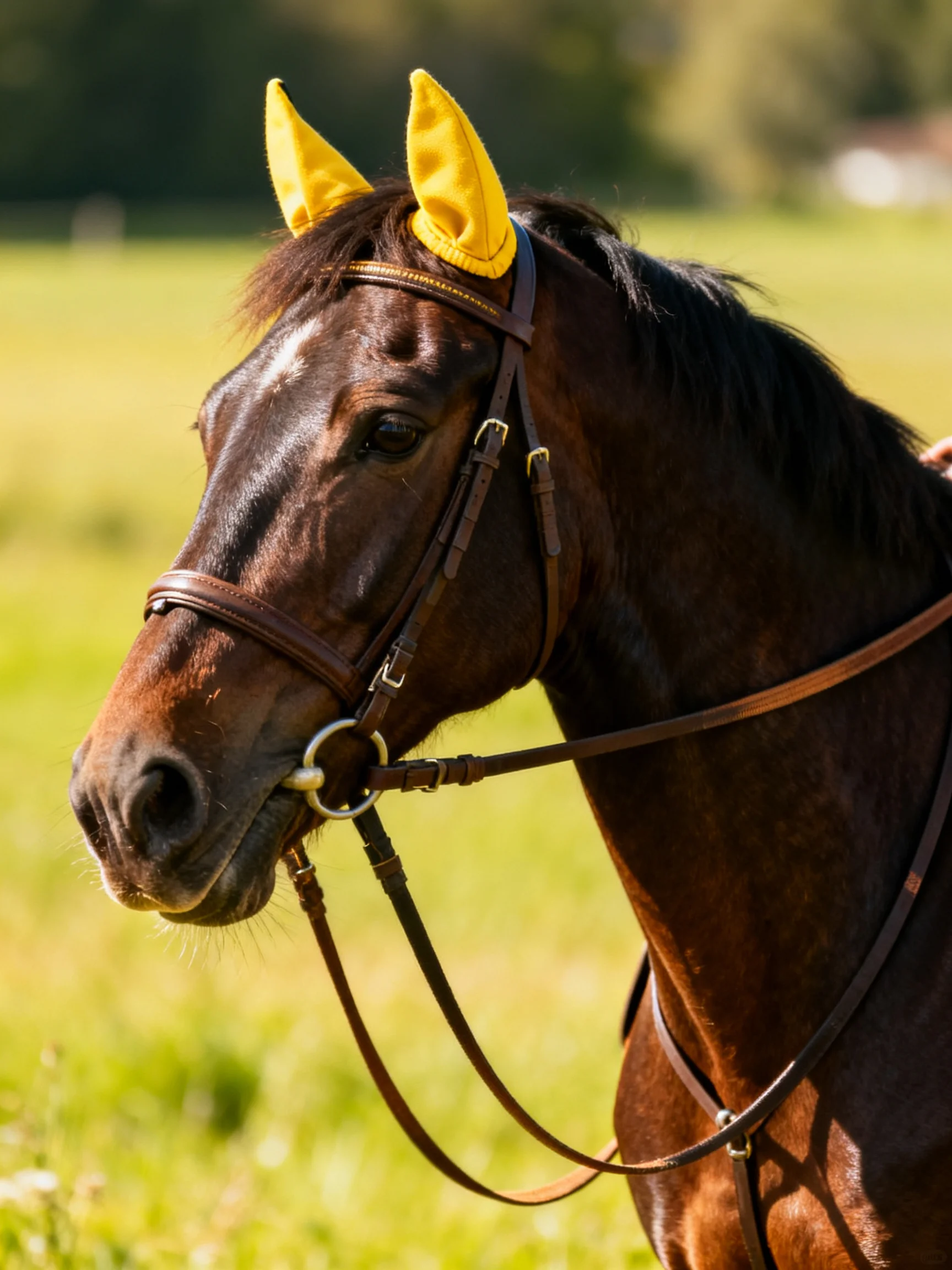 A brown horse with yellow ear coverings in a sunlit meadow