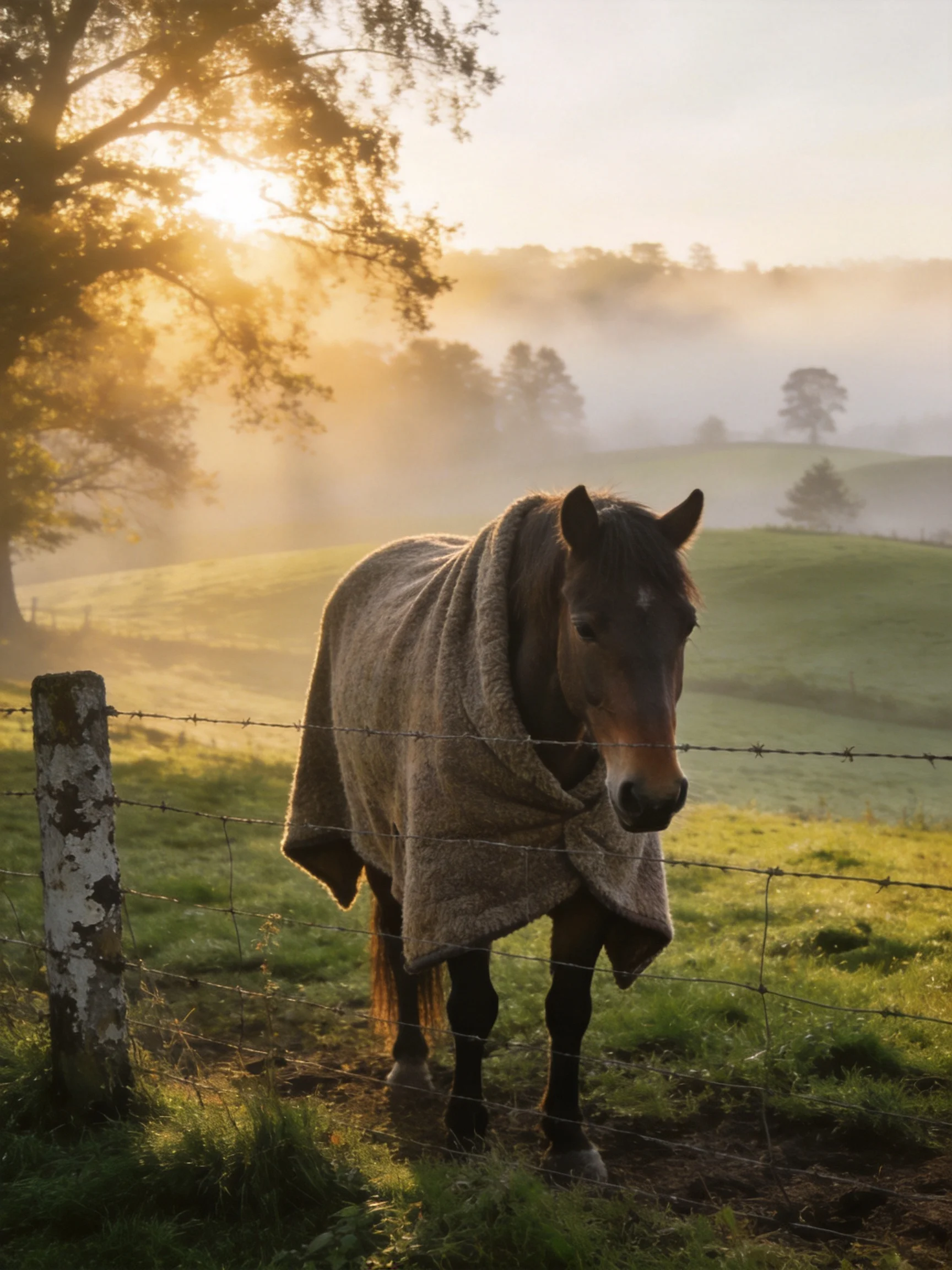 A brown horse wrapped in a beige blanket near a barbed wire fence at sunrise