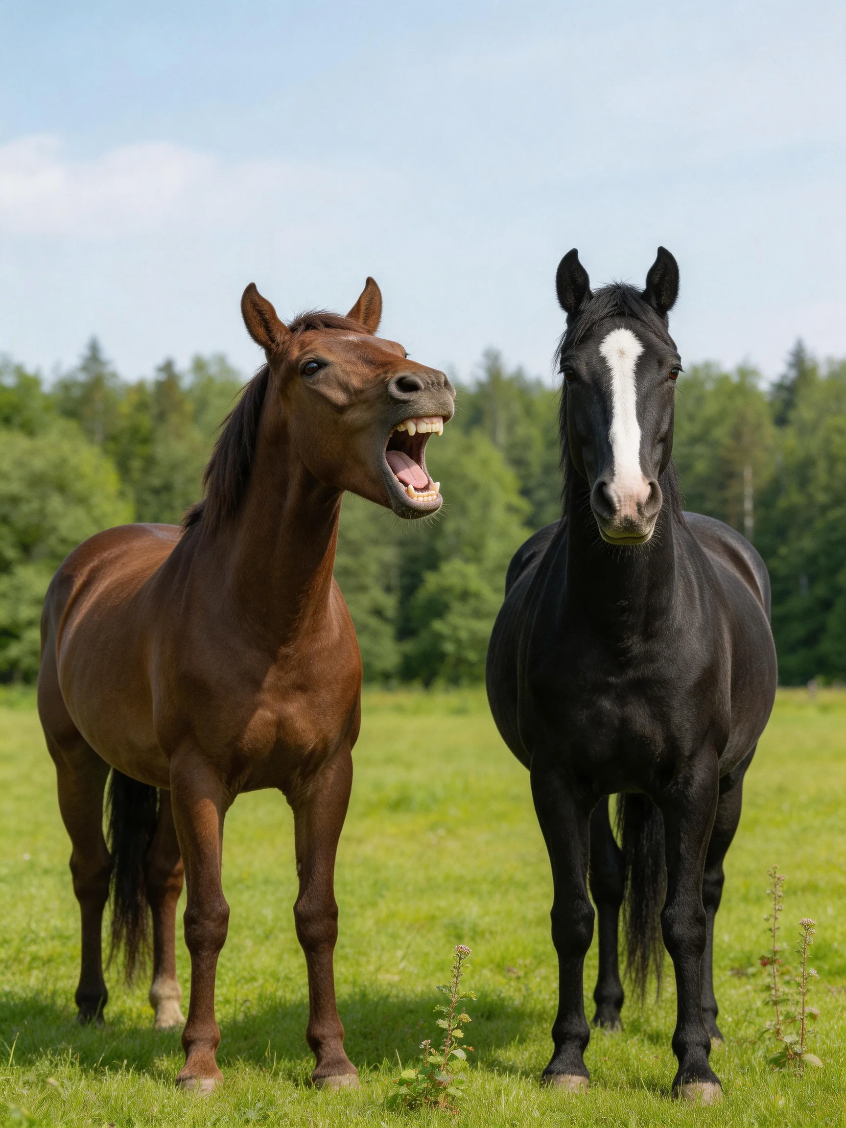 A brown horse yawning beside a black horse in a green meadow