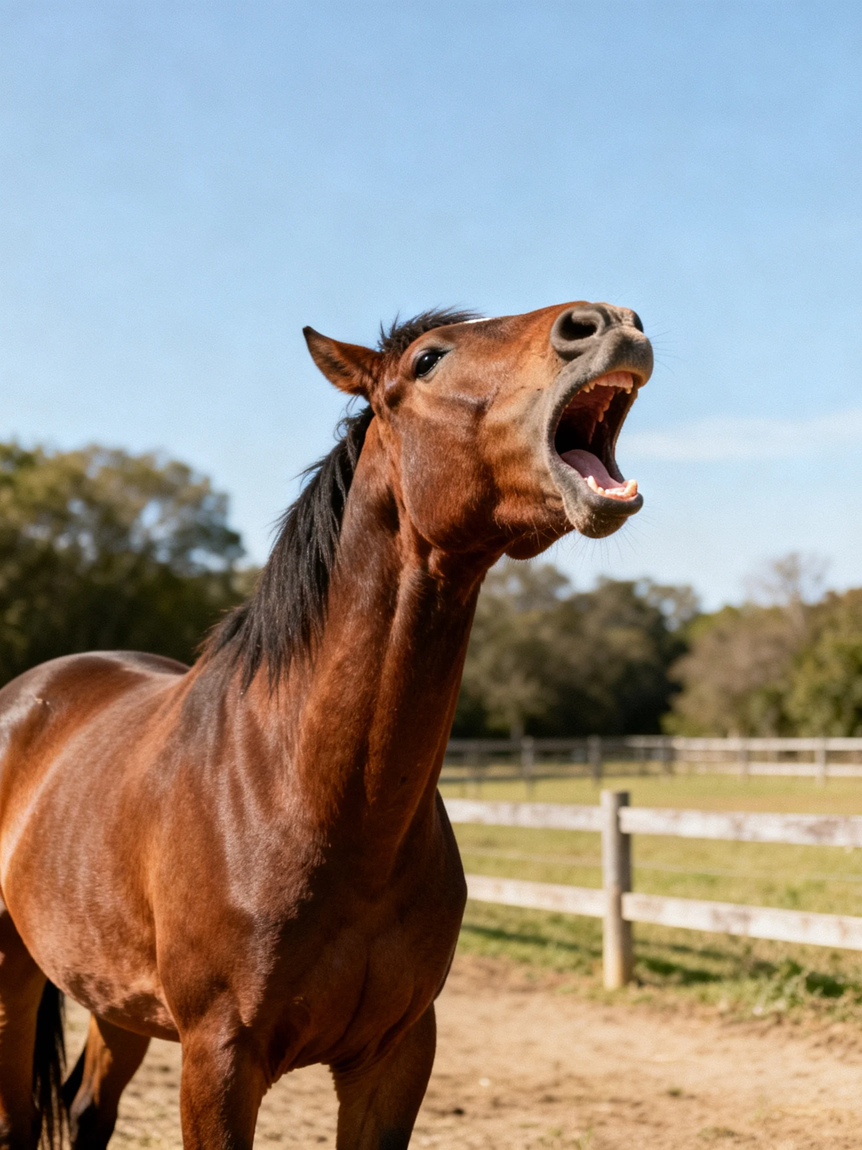 A brown horse yawning in a sunny paddock near wooden fences
