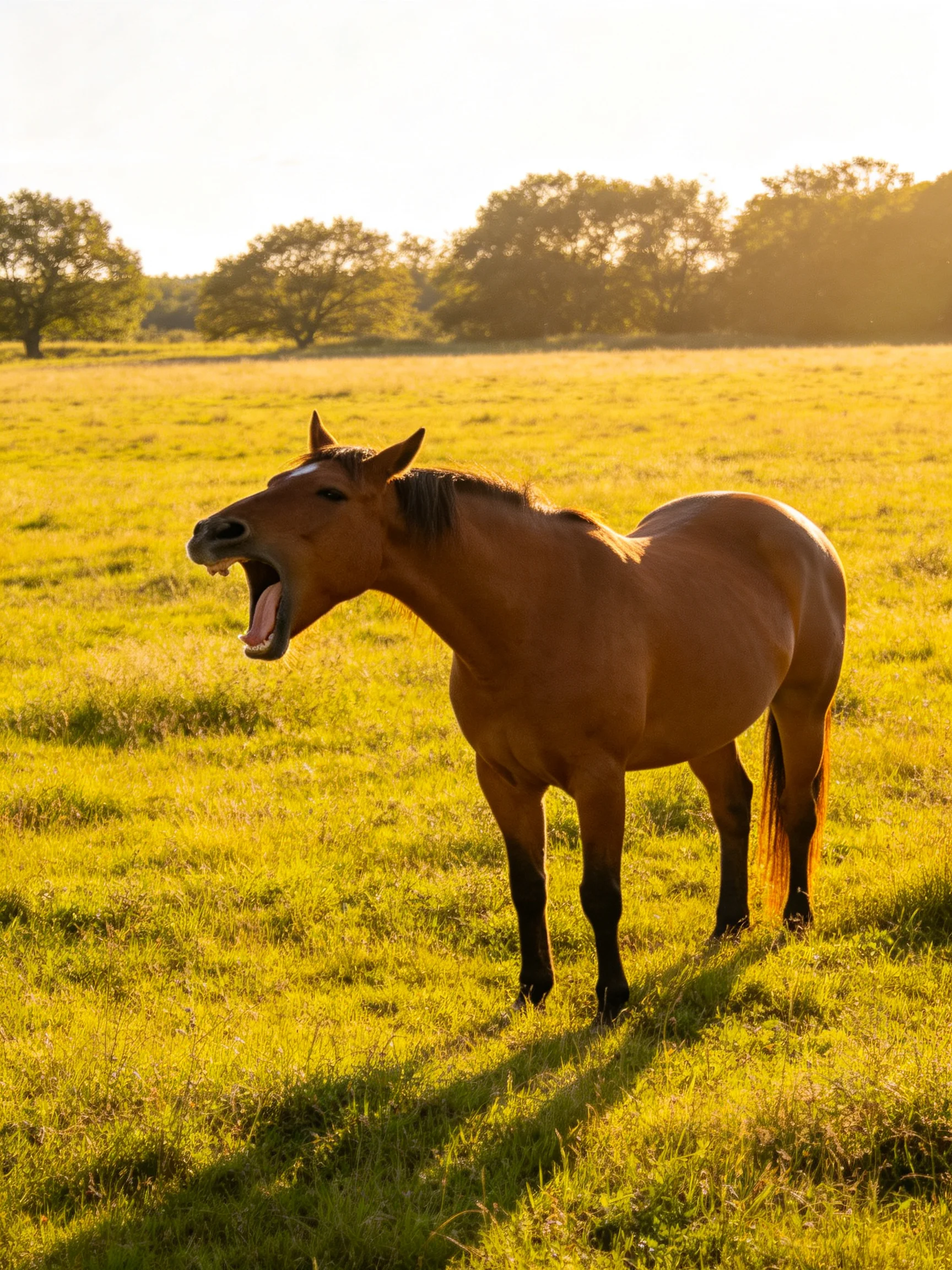 A brown horse yawns in a sunlit golden meadow