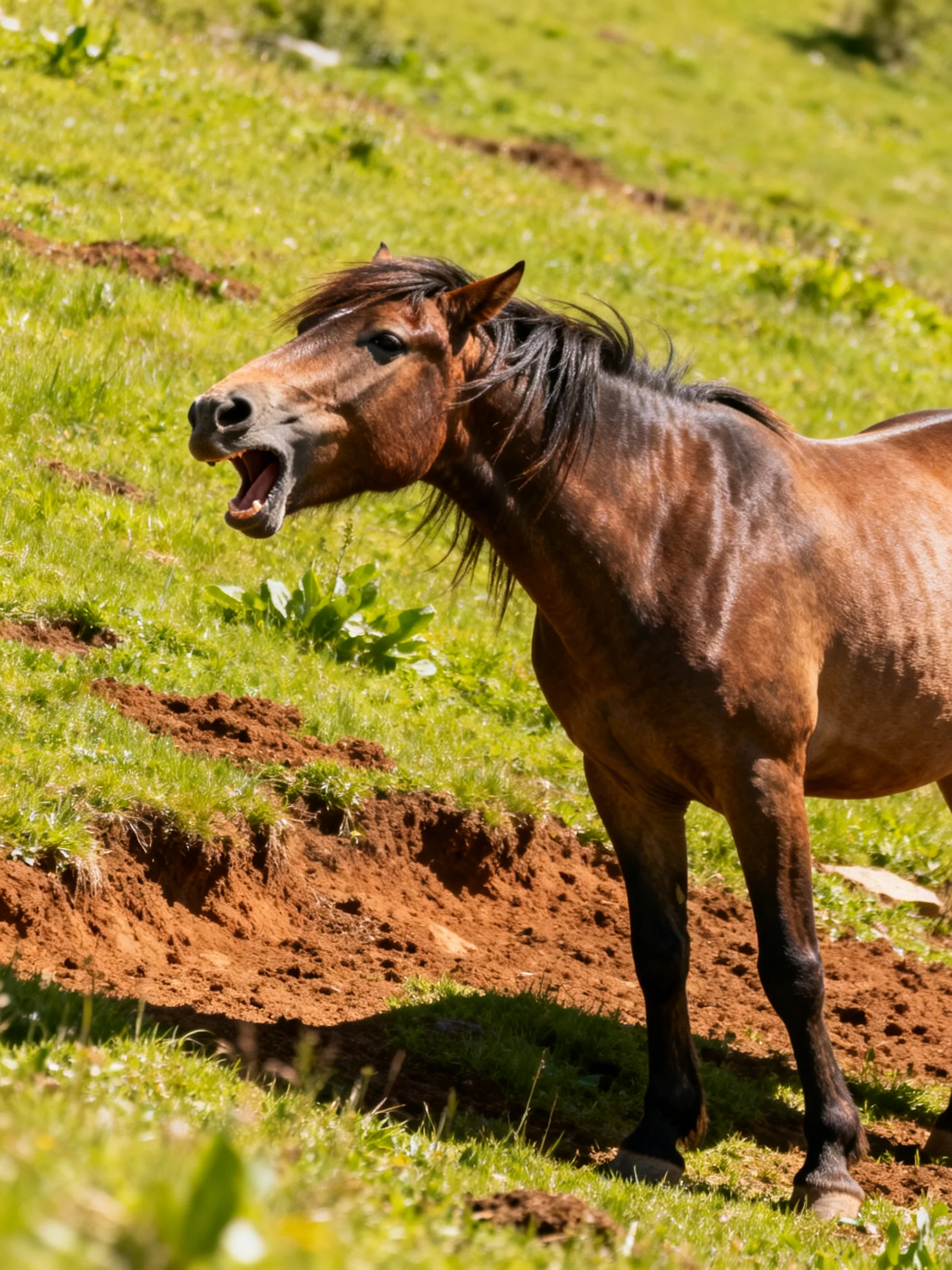 A brown horse yawns in a sunlit grassy hillside with earthy patches
