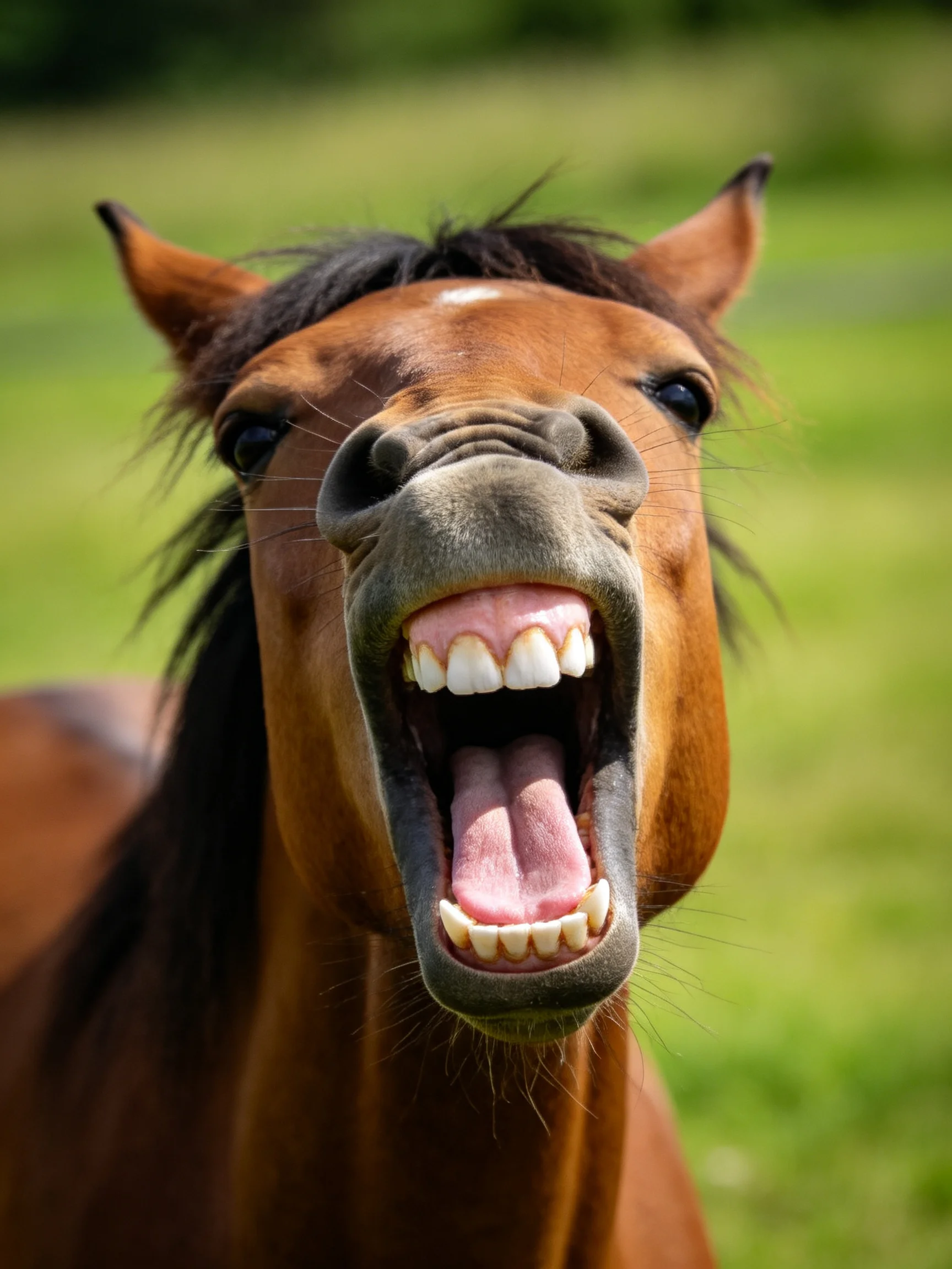 A brown horse yawns widely in a sunny green pasture