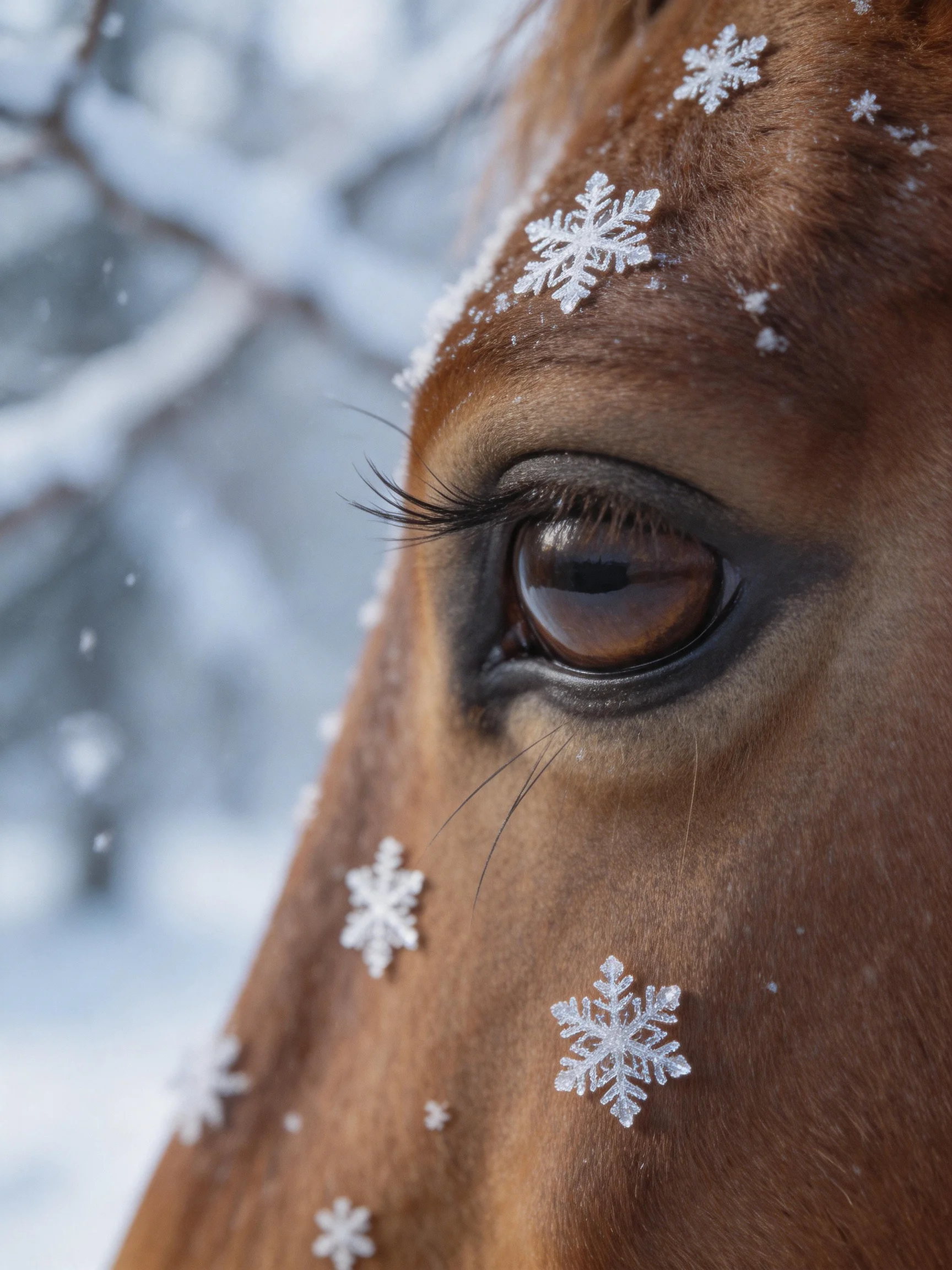 A brown horse’s coat covered with white snowflakes in winter
