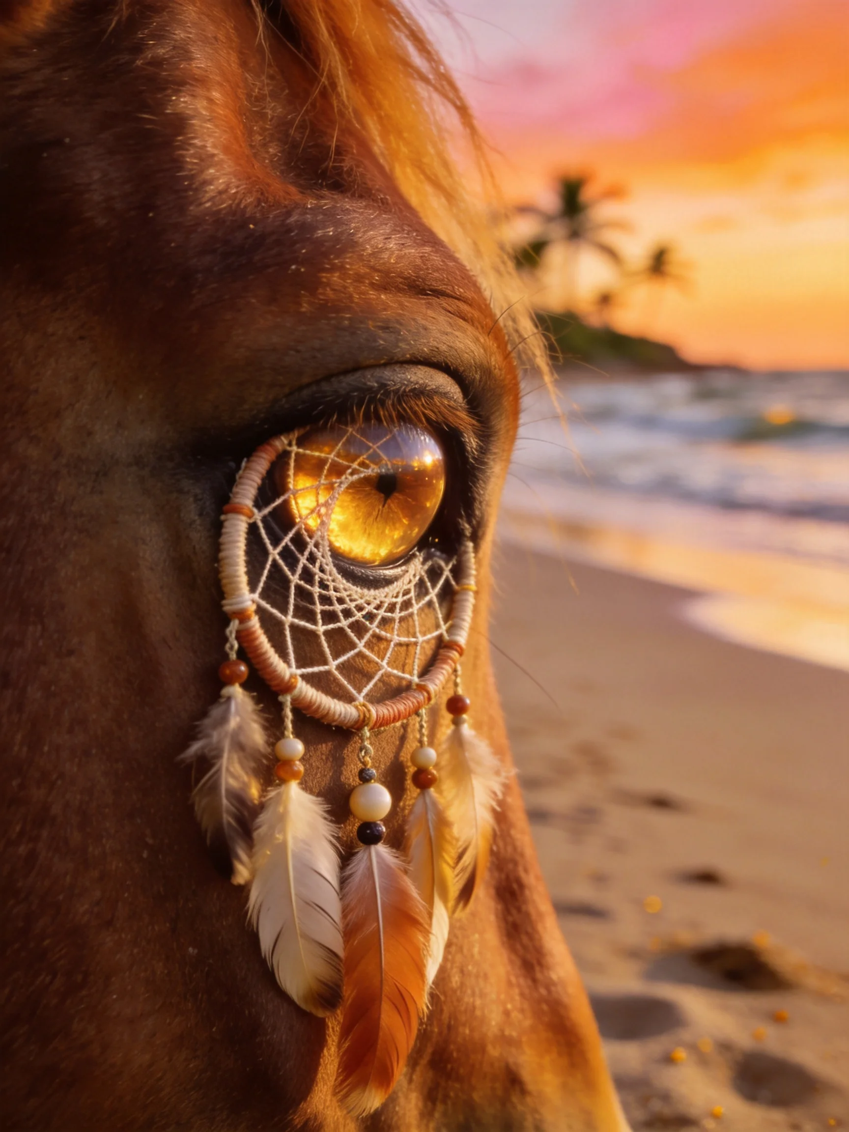 A horse’s eye decorated with a dreamcatcher overlooks a sandy beach at sunset.